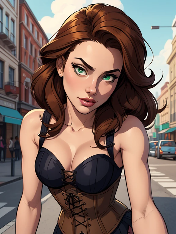 Imagem de desenho animado de uma mulher .cartoon style illustration, estilo de arte dos desenhos animados, estilo de arte dos desenhos animados, digital illustration style, design de personagens altamente detalhado, arte digital detalhada fofa, City fan art, Design de personagens de retrato, beautiful digital illustration, retrato de alta qualidade, Arte em quadrinhos, mulher jovem. Green eyes Medium bust and wonderful witch outfit sensual corset costume. expression of sexual desire
