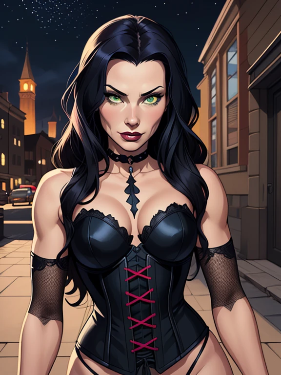  Personagem Morticia Admas Imagem de desenho animado de uma mulher .cartoon style illustration, estilo de arte dos desenhos animados, estilo de arte dos desenhos animados, digital illustration style, design de personagens altamente detalhado, arte digital detalhada fofa, City fan art, Design de personagens de retrato, beautiful digital illustration, retrato de alta qualidade, Arte em quadrinhos, mulher jovem. Green eyes Medium bust and wonderful witch outfit sensual corset costume. expression of sexual desire