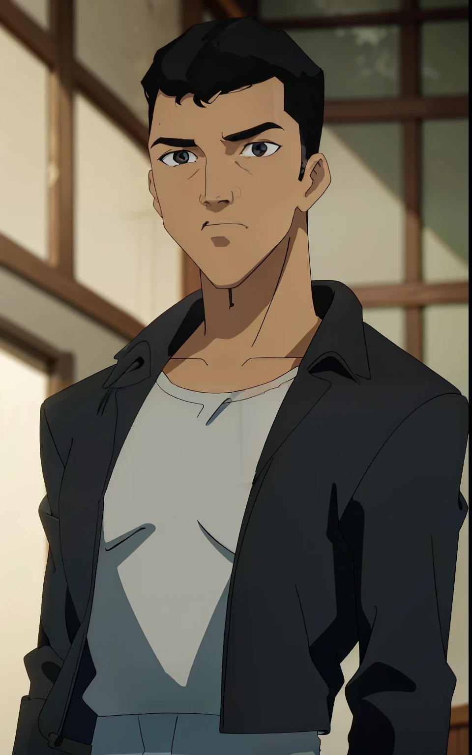 ((QuarryRyan: 1.0)), 1boy, solo, black hair, brown eyes, dark skin, black leather jacket, white shirt, warehouse, blurry background,((upper body: 1.0)), looking at viewer, (insanely detailed, beautiful detailed face,beautiful detailed eyes, masterpiece, best quality), anime screencap, 1990s_\(style\),solo, jeffmatsuda,