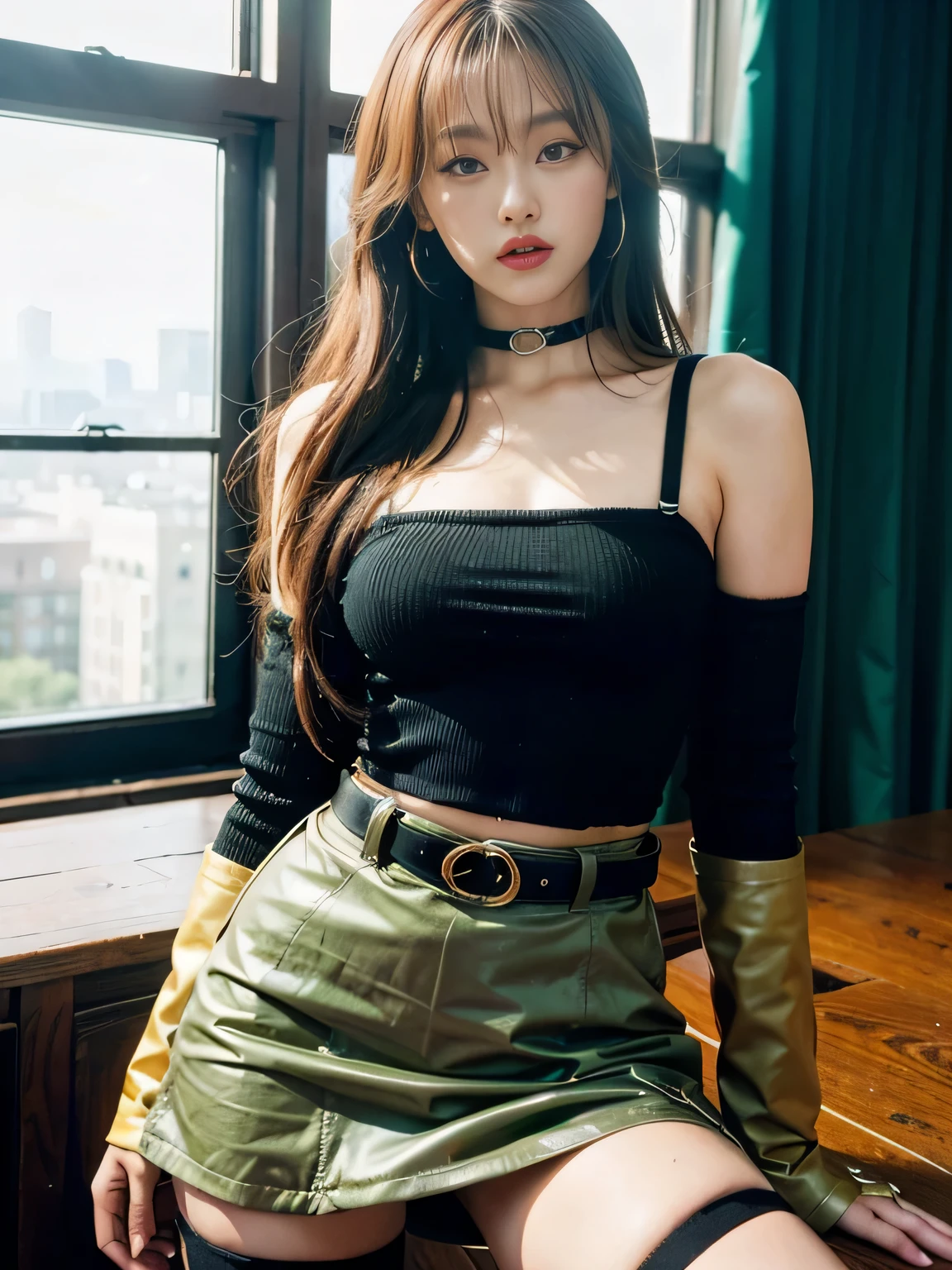 Lisa long hair, Lisa face shape, black suspender undershirt (long sleeves, bare shoulders, open waist), white miniskirt, belt at waist, light green high boots, sexy, open waist, long legs, rich details, masterpiece, superlative, realistic, HD, photographic lighting, 16k