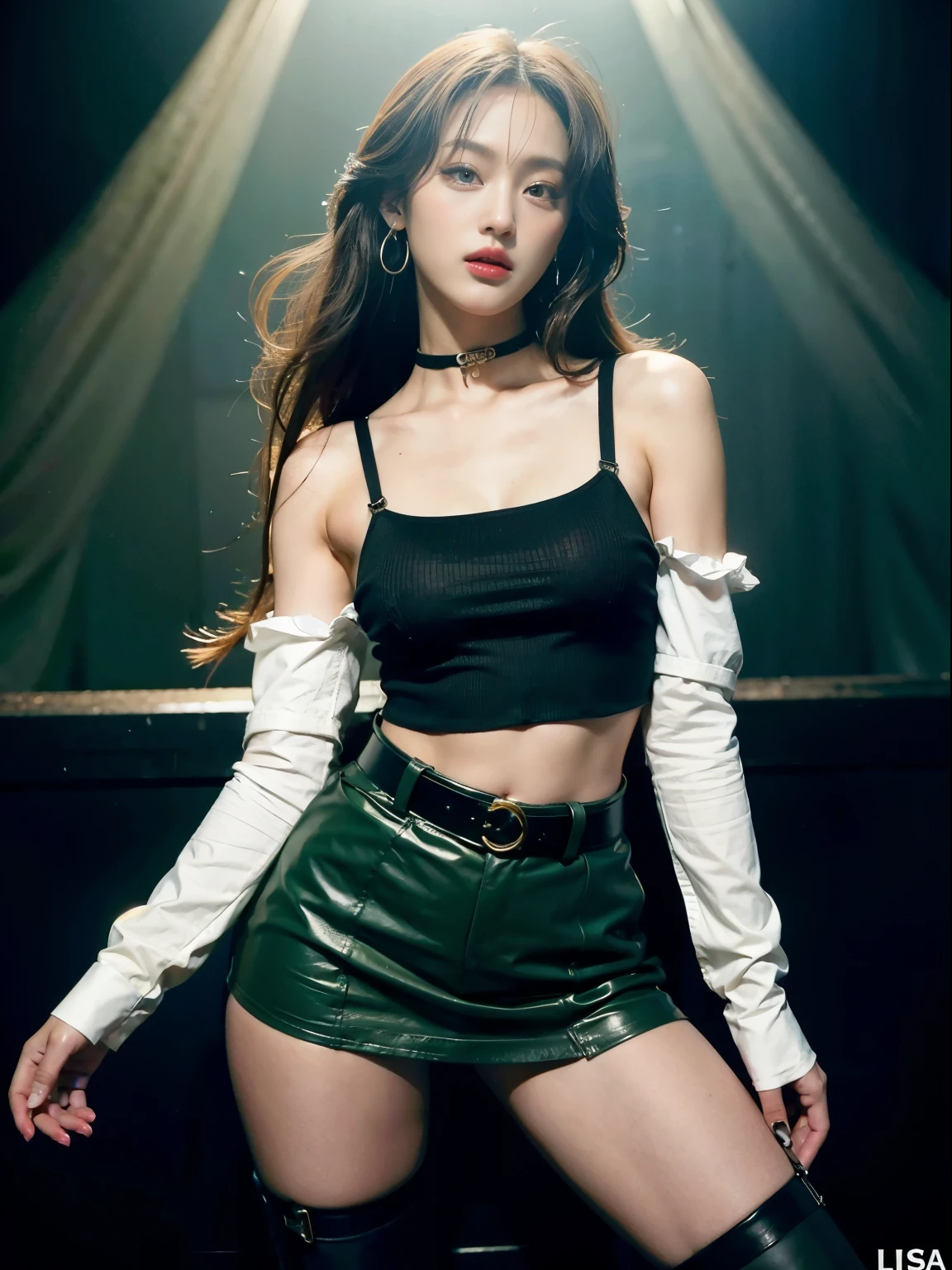 Lisa long hair, Lisa face shape, black suspender undershirt (long sleeves, bare shoulders, open waist), white miniskirt, belt at waist, light green high boots, sexy, open waist, long legs, rich details, masterpiece, superlative, realistic, HD, photographic lighting, 16k