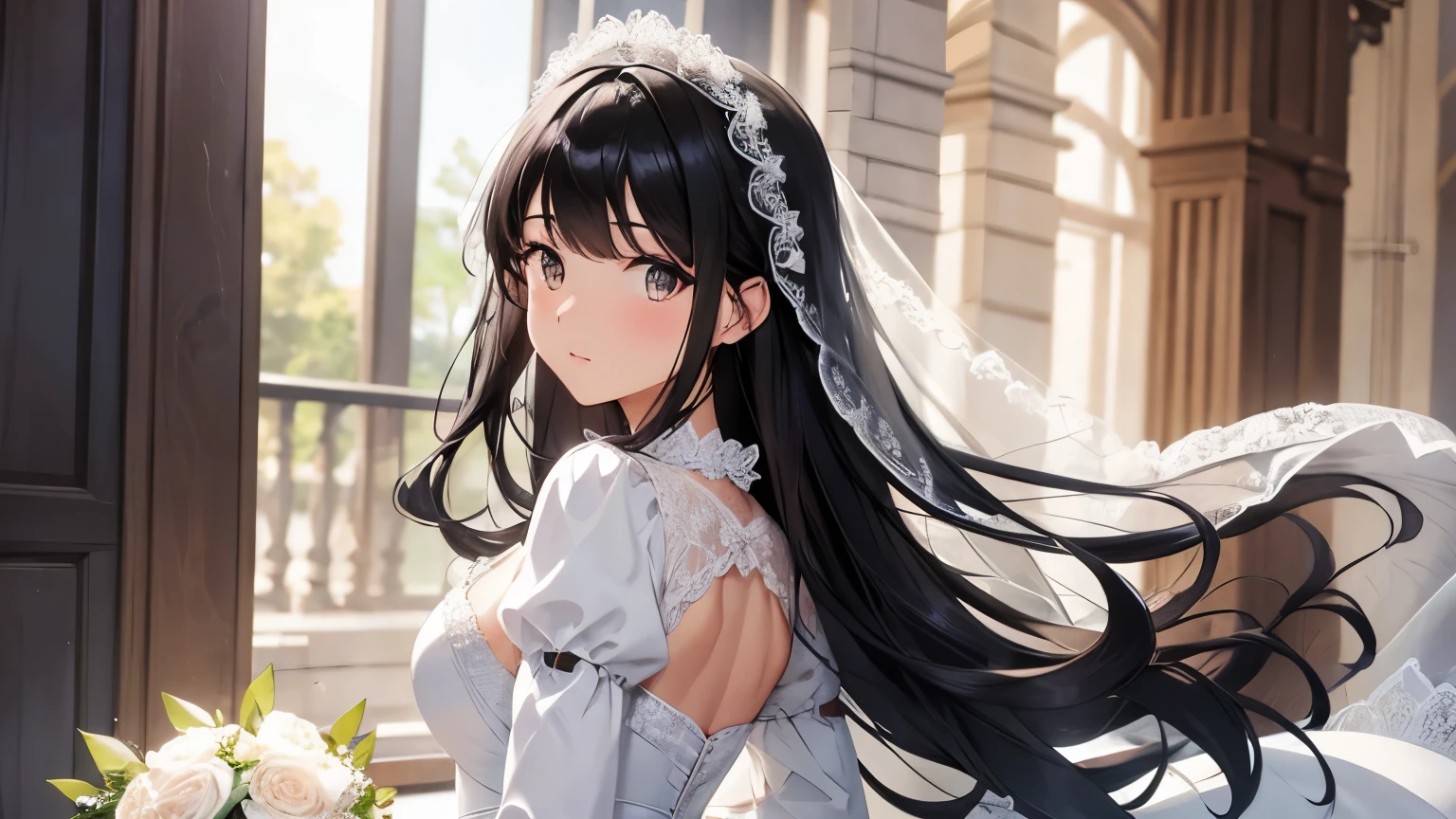 A beautiful girl wearing a puff sleeve wedding dress with lots of frills and lace　black hair long straight