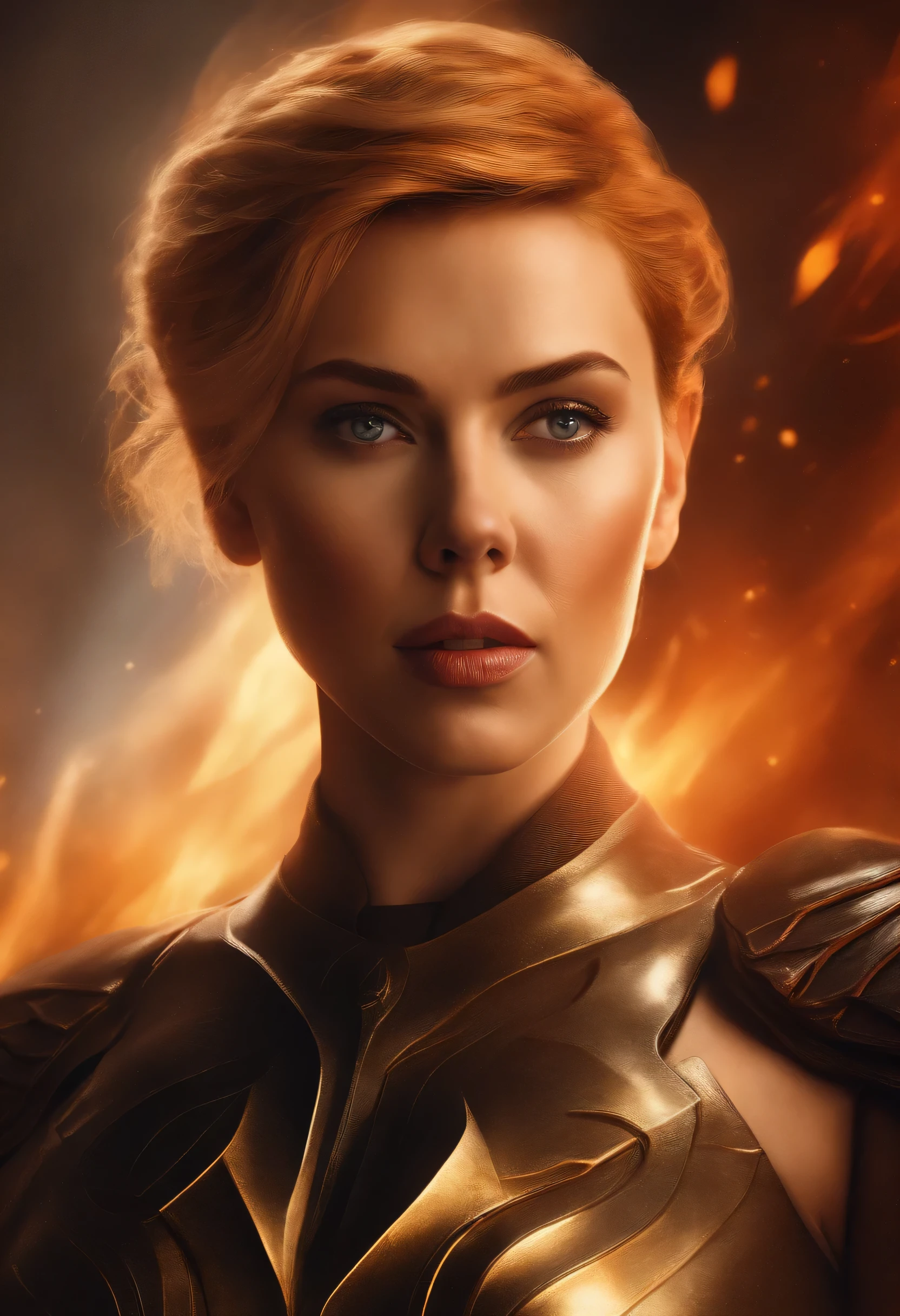 watercolour fantasy style portrait, actress Scarlett Johansson, celestial being, goddess of war and flame, thoughtful serious face, detailed glowing orange eyes, short gold hair, flames around and dark space background, stylized watercolor digital illustration, attractive, fashion, cinematic light, tender colours, luminism, highly detailed, character sheet, 8k UHD, masterpiece, ultra fine detail