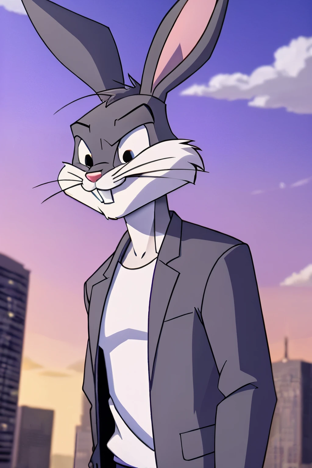 gloves, male, solo, bugs bunny, rabbit, buckteeth, city, long ears, grey body, grey fur, white fur,furry,anime style, anime screencap,  2000s_\(style\) , grin, forest, upper body, short-sleeved jacket with white lining,