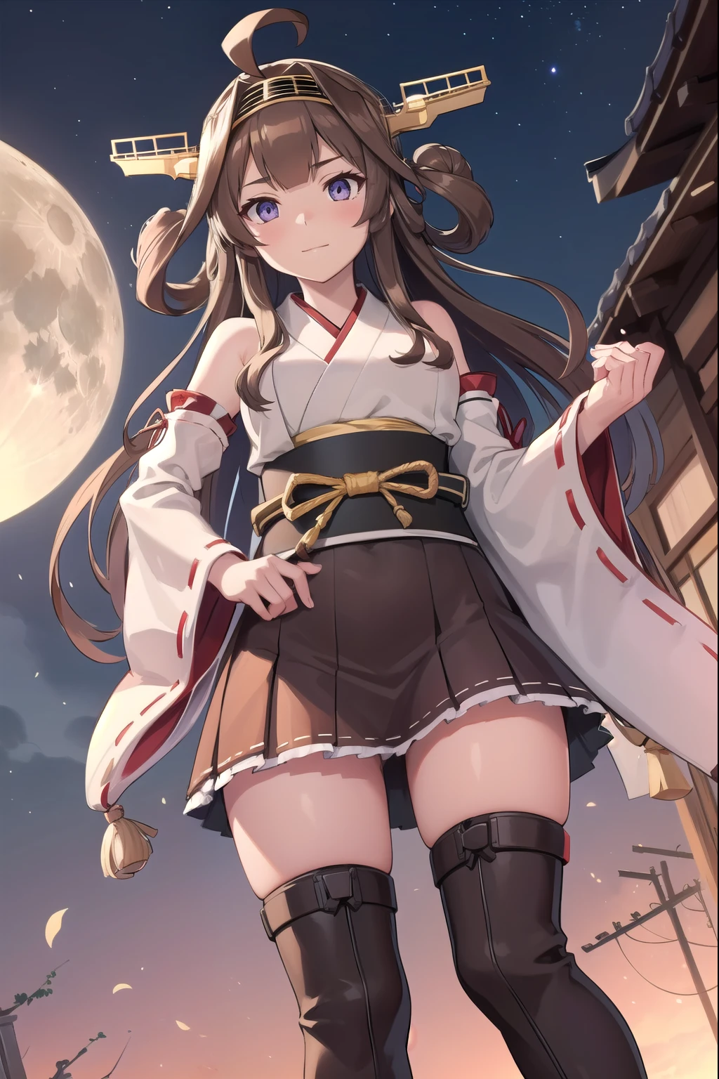 KanColle Kongou, kongou, Ahoge, brown hair, double good, bun hair, hair band, headgear, long hair, (purple eyes:1.1), 
break boots, removed sleeve, kimono, non-traditional shrine maiden, ribbon trim, ribbon trimの袖, thigh boots, wide sleeve, highest quality, High resolution, unity 8k wallpaper, (figure:0.8), (detailed and beautiful eyes:1.6), highly detailed face, perfect lighting, Very detailed CG, (perfect hands, perfect anatomy),full moon、Photo from below、mini skirt