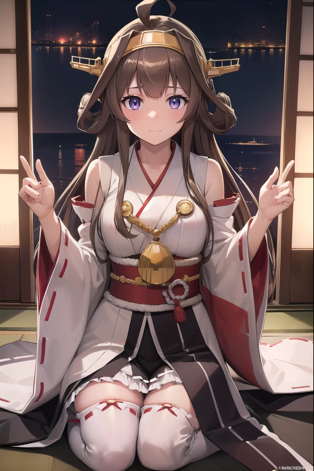 KanColle Kongou, kongou, Ahoge, brown hair, double good, bun hair, hair band, headgear, long hair, (purple eyes:1.1), 
break boots, removed sleeve, kimono, non-traditional shrine maiden, ribbon trim, ribbon trimの袖, thigh boots, wide sleeve, highest quality, High resolution, unity 8k wallpaper, (figure:0.8), (detailed and beautiful eyes:1.6), highly detailed face, perfect lighting, Very detailed CG, (perfect hands, perfect anatomy),full moon