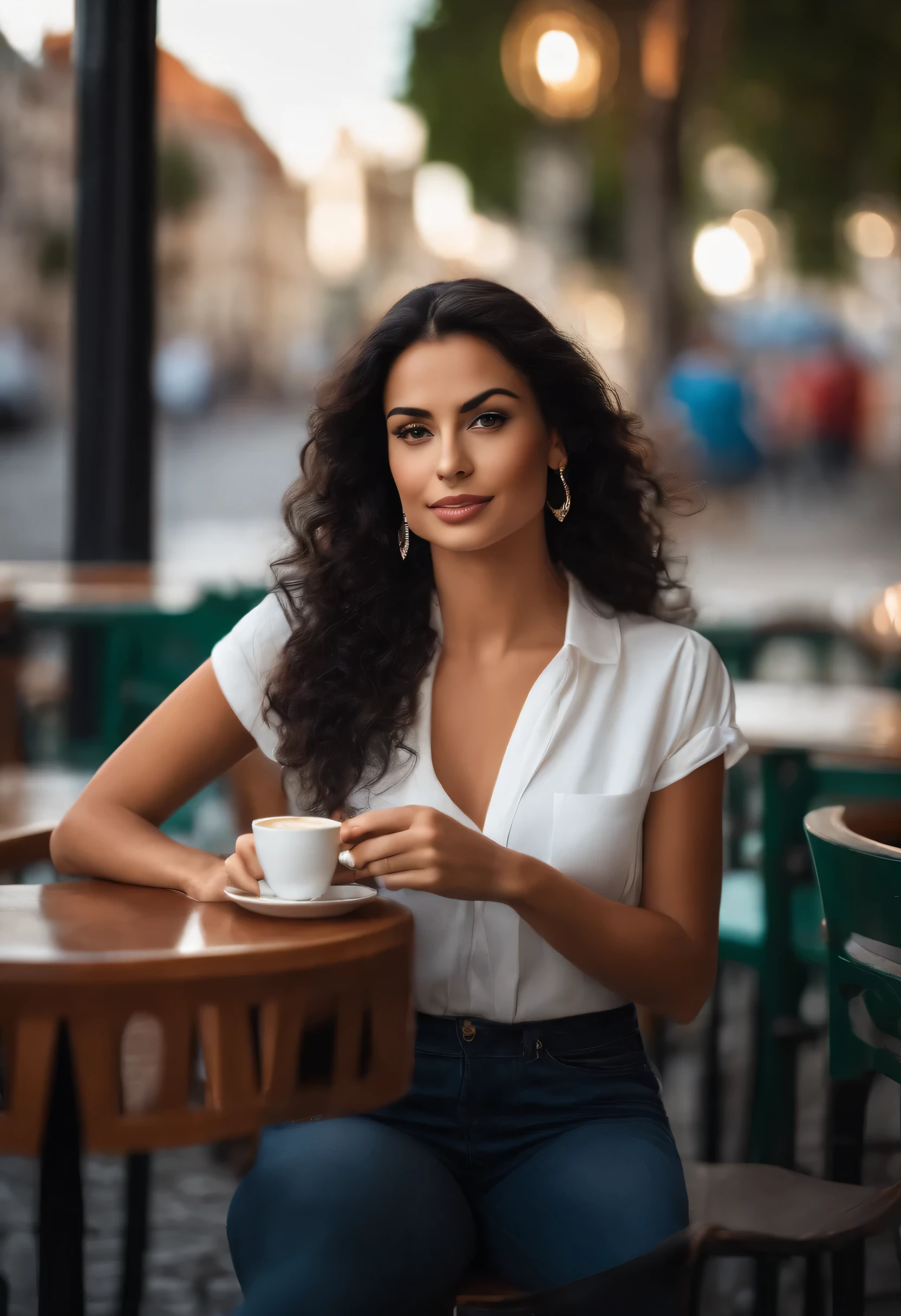 Beautiful Brazilian woman sitting and drinking coffee outside the street in a small cafe, rosto bonito, Short black hair to the back of the head, olhos castanhos e sombra pesada, Vestindo jeans e uma camisa polo preta, grande estilo de moda, looking at you with loving eyes and a soft smile, The background is a European city downtown, fundo desfocado, profundidade de campo rasa, cinematic light, luz suave, retroiluminado, micro-detalhes, Rendering, fotorrealista, cinematographic, 85 mm 1.4