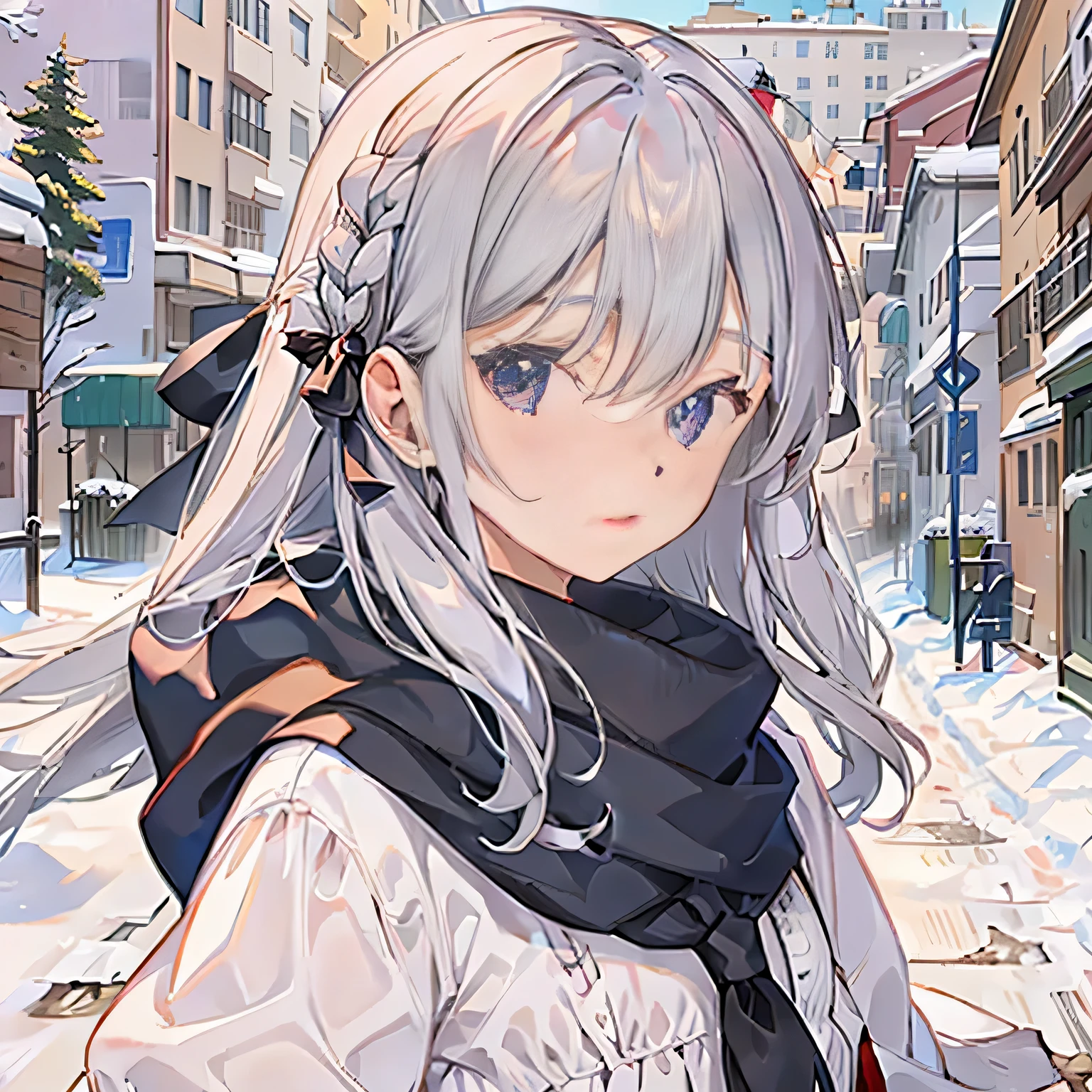 gray hair, dark red eyes, Girl in a snow-white dress