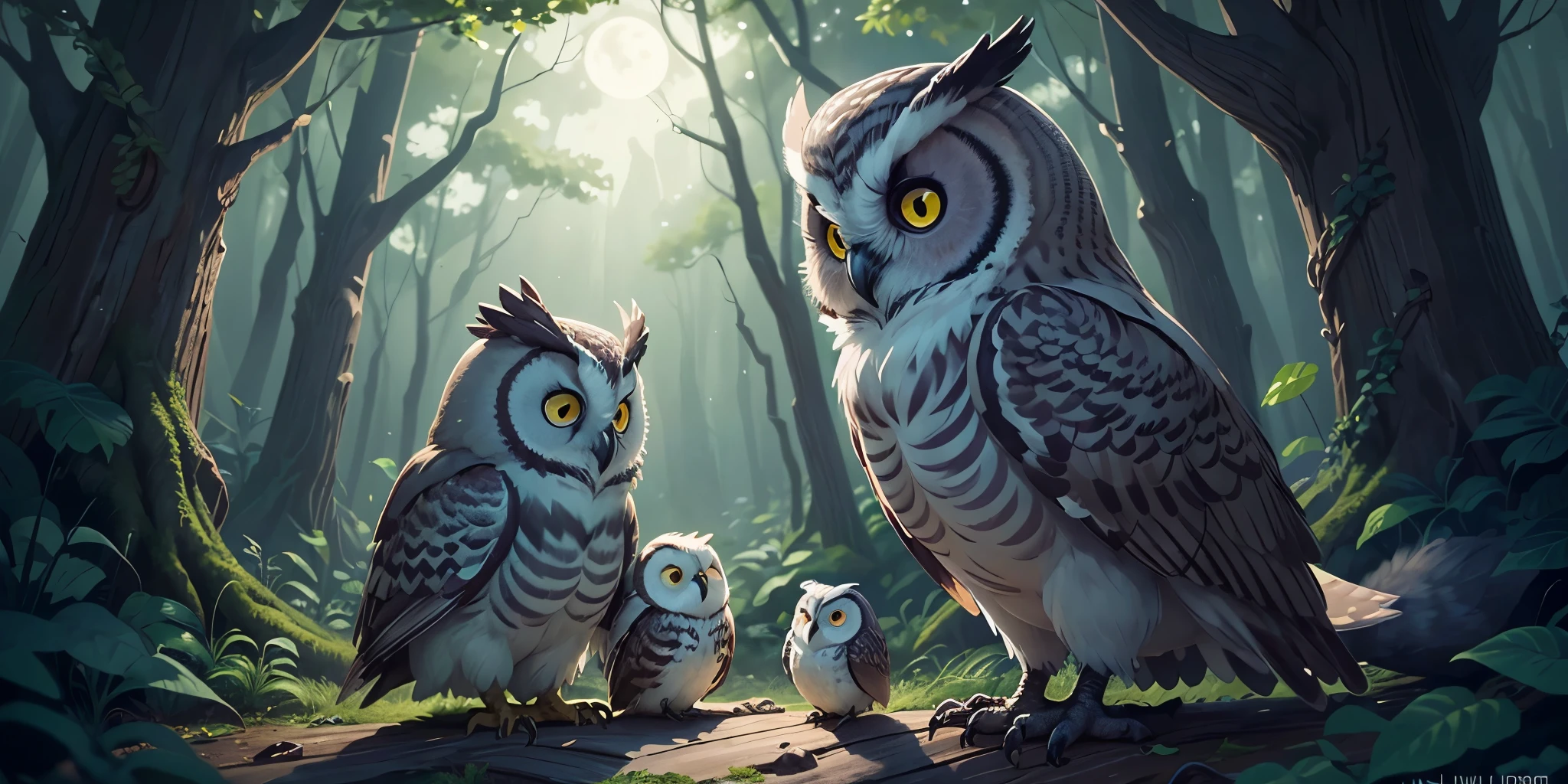 In the woods beneath the Great Oak, there was a mismatch of shadows and hard silvery places, with the light murmur of the night Breeze rushing through the branches.  Milo the owlet and his owl family were standing on a branch when the moon created a shadowing design of their feathers.  

"The night is our playground, full of mystery and Magic."  Mama Owl said urging Milo, giving him a little push.  
"But won't I lose my way in the dark right?  The moon's light reflected in Milo's wide eyes mirroring his conflicted feelings of excitement and fear.  
"You'll always find your way back to us my son with your wings and the embrace of the night sky have faith."  Papa Owl said his voice a consistent presence in the darkness.  

The air was filled with laughter and gentle Hoots as Milo's apprehension started to shrink and was replaced with a growing sense of all and adventure.
