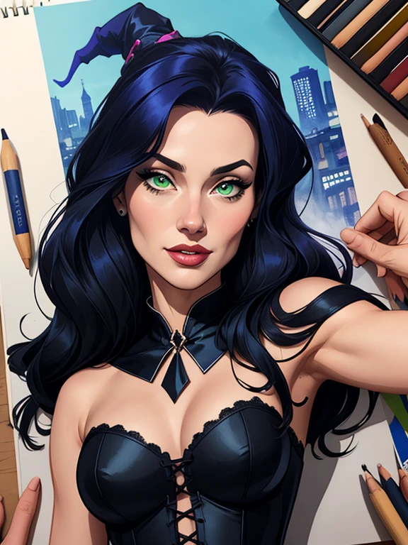 Personagem Morticia Admascom seu vestido preto e olhar sedutor e decote em v com seios lindos Imagem de desenho animado de uma mulher .cartoon style illustration, estilo de arte dos desenhos animados, estilo de arte dos desenhos animados, digital illustration style, design de personagens altamente detalhado, arte digital detalhada fofa, City fan art, Design de personagens de retrato, beautiful digital illustration, retrato de alta qualidade, Arte em quadrinhos, mulher jovem. Green eyes Medium bust and wonderful witch outfit sensual corset costume. expression of sexual desire