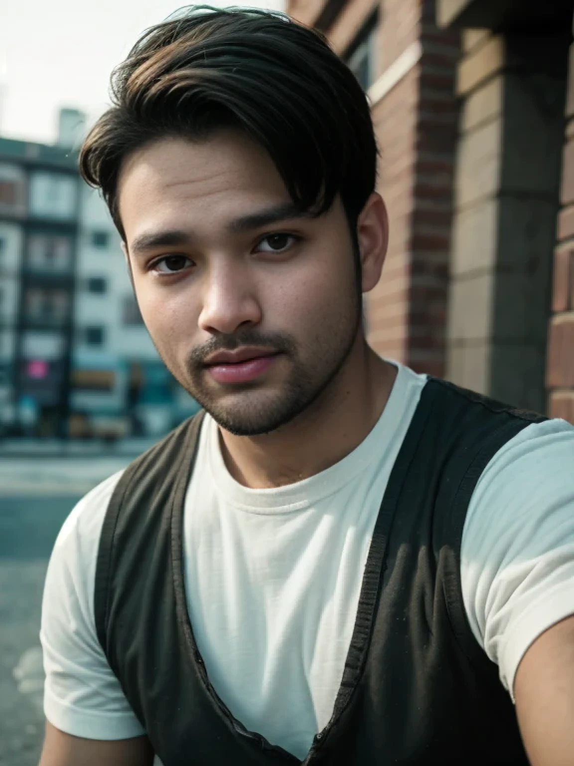 A beautiful young bearded man with highly detailed skin looking at the camera,8k,high res, soft light,no contrast,ultra realistic, photorealism.((real life photo,realistic:1.9, short beard:1)), HDR, emotions smiling 