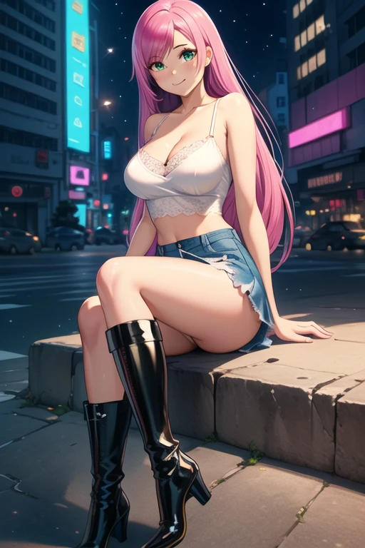 1 girl, 19 years old, Long pink hair, green eyes with slit pupils, master-piece, best quality, (white lace camisole crop top, blue denim skirt, patent leather high heel boots, cleavage), (Big , ultra gigantic , Super super big, Glamorous body), Make eye contact with the camera, front figure, looking forward, (light_Smile:1.5), (Detailed hands and fingers:1.2)、(Cyberpunk city at night), (FULL BODYSHOT), thighs thighs thighs thighs、beauty legs、Bare legs