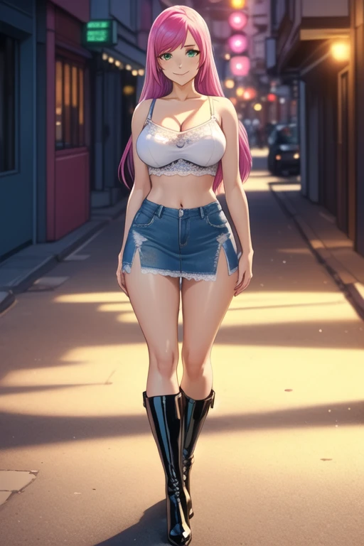 1 girl, 19 years old, Long pink hair, green eyes with slit pupils, master-piece, best quality, (standing up), (white lace camisole crop top, blue denim skirt, patent leather high heel boots, cleavage),  (Big , ultra gigantic , Super super big, Glamorous body), Make eye contact with the camera, front figure, looking forward, (light_Smile:1.5), (Detailed hands and fingers:1.2)、(Cyberpunk city at night), (FULL BODYSHOT), thighs thighs thighs thighs、beauty legs、Bare legs