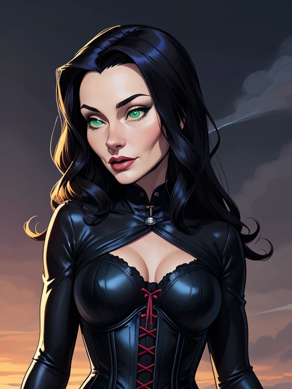 Personagem Morticia Admas Imagem de desenho animado de uma mulher .cartoon style illustration, estilo de arte dos desenhos animados, estilo de arte dos desenhos animados, digital illustration style, design de personagens altamente detalhado, arte digital detalhada fofa, City fan art, Design de personagens de retrato, beautiful digital illustration, retrato de alta qualidade, Arte em quadrinhos, mulher jovem. Green eyes Medium bust and wonderful witch outfit sensual corset costume. expression of sexual desire