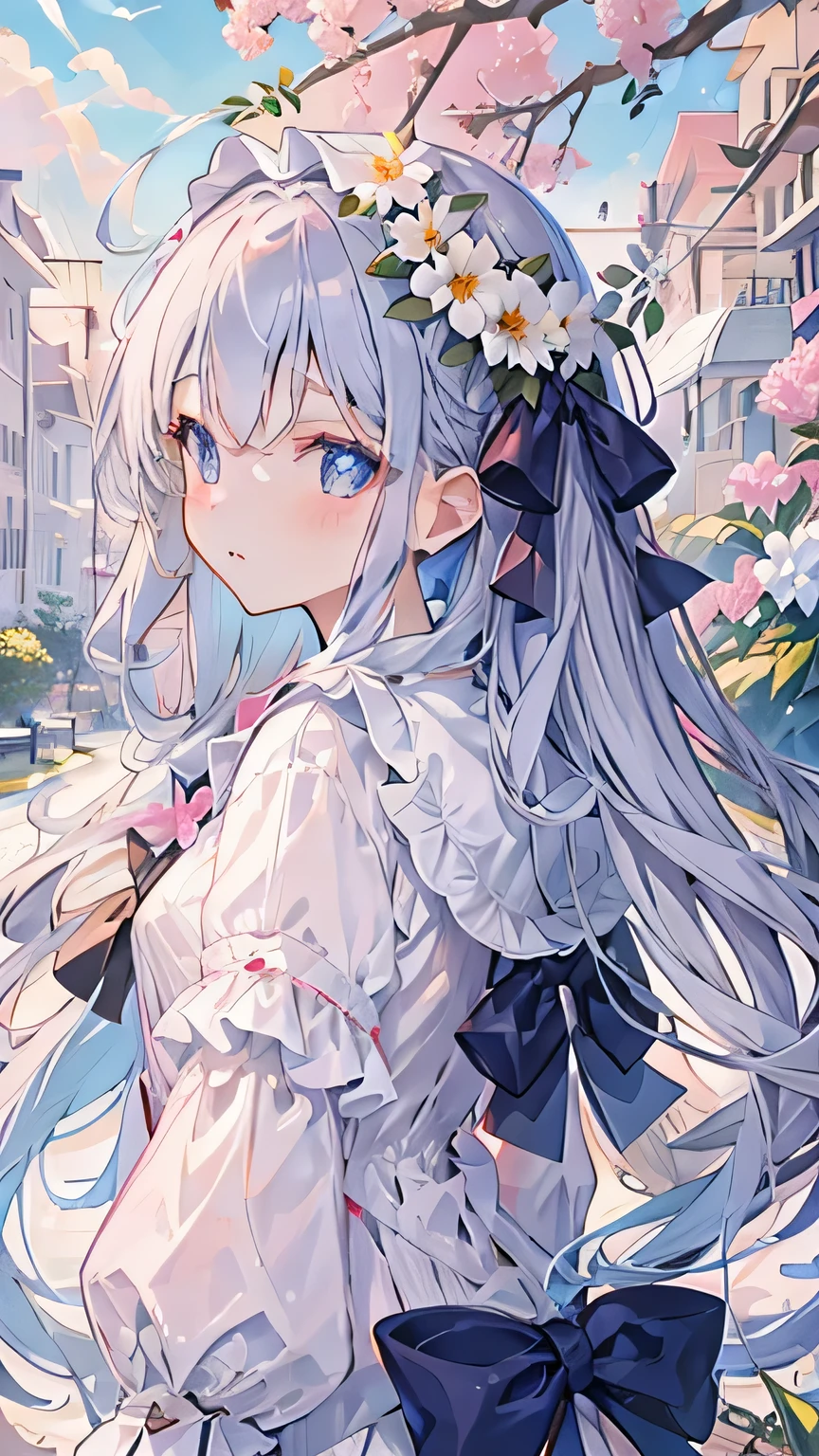 32k, highest quality, ultra high resolution, HDR, UHD, Very detailed CG, unity 32k wallpaper, highest quality, masterpiece, very detailed, detailed background, 1 girl, alone, long hair, flower, blue hair, white background, pink flower, simple background, profile, Upper body, shirt, white shirt, white flower, bow, bangs, purple eyes, leaf, blush