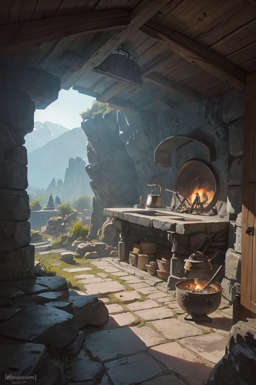 inside of a slavic smithy up on the mountain, thatched roof, smithy on a rocky cliff, blacksmithing equipment, ((big anvil)), (blacksmithing hammers), (tongs on the wall), smoldering coals in the forge