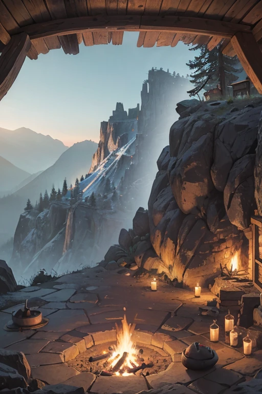 inside of a slavic smithy up on the mountain, thatched roof, smithy on a rocky cliff, blacksmithing equipment, ((big anvil)), (blacksmithing hammers), (tongs on the wall), smoldering coals in the forge