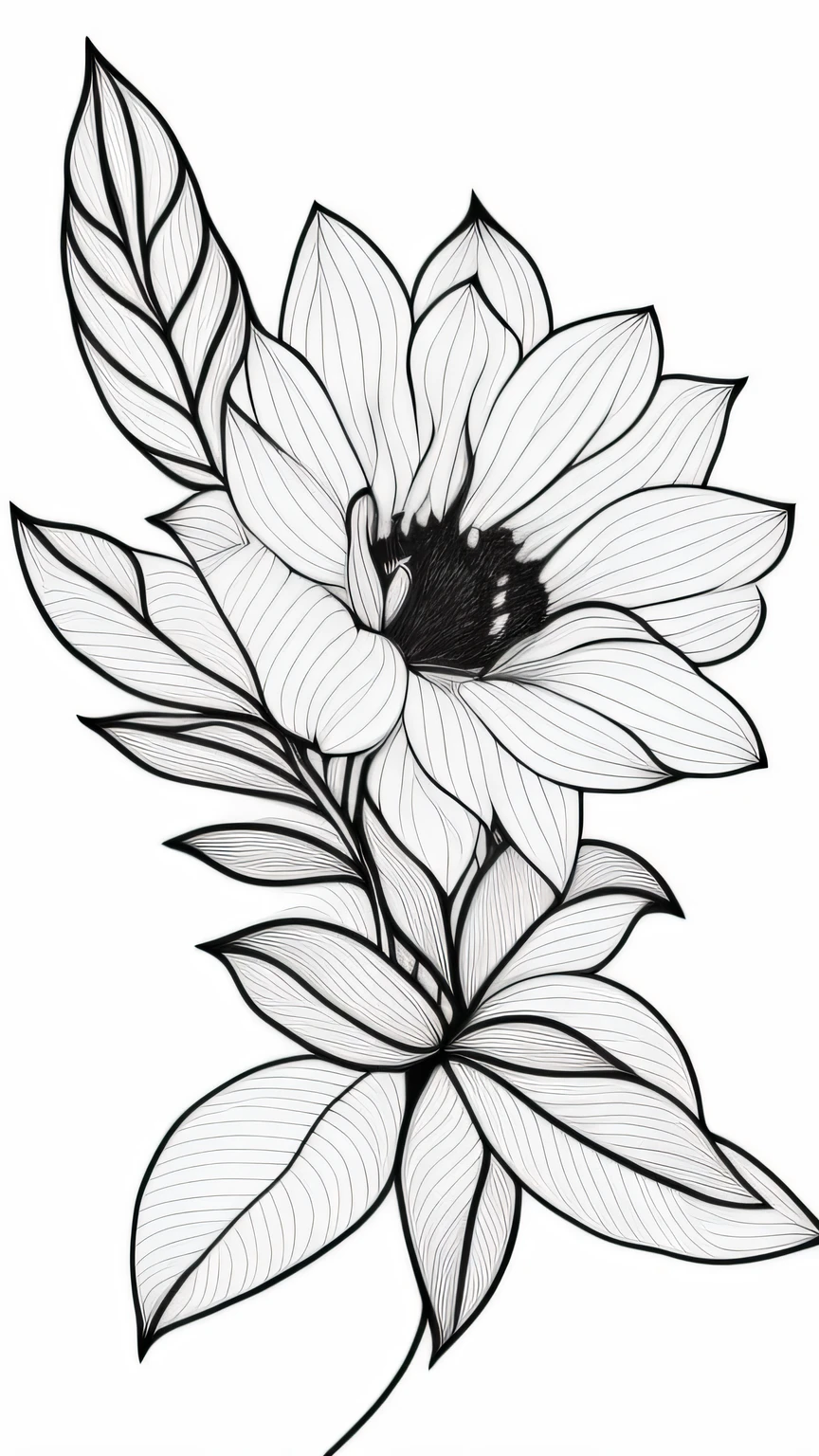 a drawing of a flower with leaves on a white background, traditional drawing style, perfect pen and ink line art, very realistic, elegant drawing, made with illustrator, sketch black and white colors, detailed flowers, huge flower, line art illustration, by Jennifer Janesko, black on white line art, realistic line drawing, black and white detailed sketch, highly detailed sketch