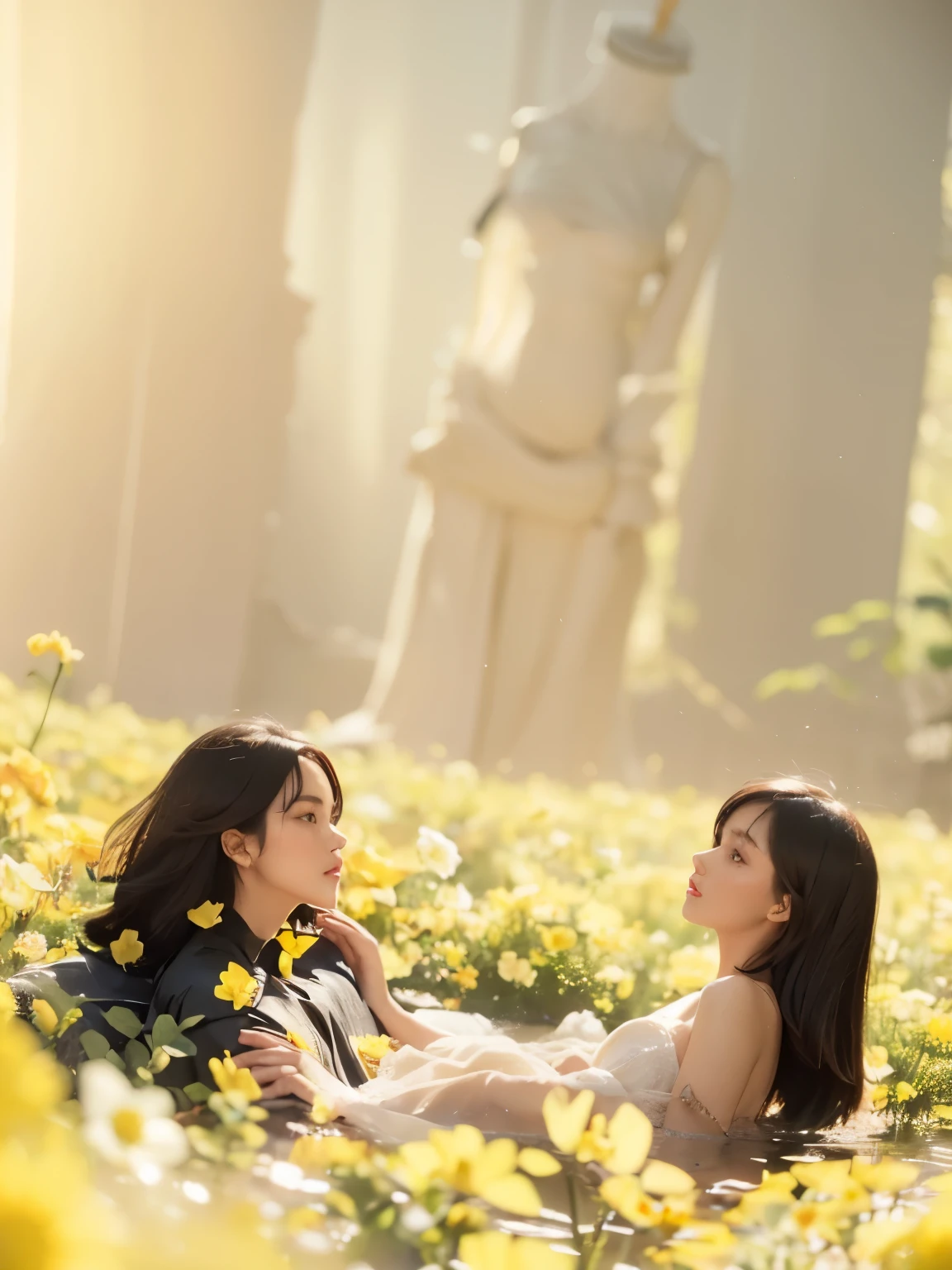 (Best quality, 8k, 32k, Masterpiece, UHD:1.2) "Generate a captivating artwork featuring a young Japanese girl model with short, sleek black hair styled in a chic bob haircut. Envision her bathed in dramatic cinematic lighting, creating an atmosphere of allure and mystery. Emphasize a romantic aesthetic vibe, showcasing the model in a poised and elegant pose that evokes a sense of intimacy and sophistication. Utilize warm and soft tones to enhance the romantic ambiance, and consider incorporating elements like flowing fabrics or flowers to add a touch of ethereal beauty. Capture the essence of romance and beauty through the model's expression, the play of light and shadows, and the overall aesthetic, creating a visually compelling and emotionally resonant piece." (perfect eyes), flawless skin, flawless face, cinematic, tight body, ((well-proportion female hands)), ((female hands with five digits)) ((Body is well proportioned)), ((chic bob haircut)), soft focus ((Short Black Hair)), ((flowers))