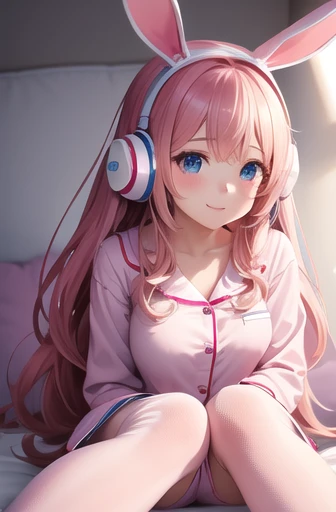 A super cute image captures a girl sitting on her bed, wearing plush pajamas. Her eyes sparkle with joy as she wears a large pink headset shaped like rabbit ears. Every detail is portrayed with realism, from the soft textures of the pajamas to the delicate details of the headset. The scene is like a cozy dream