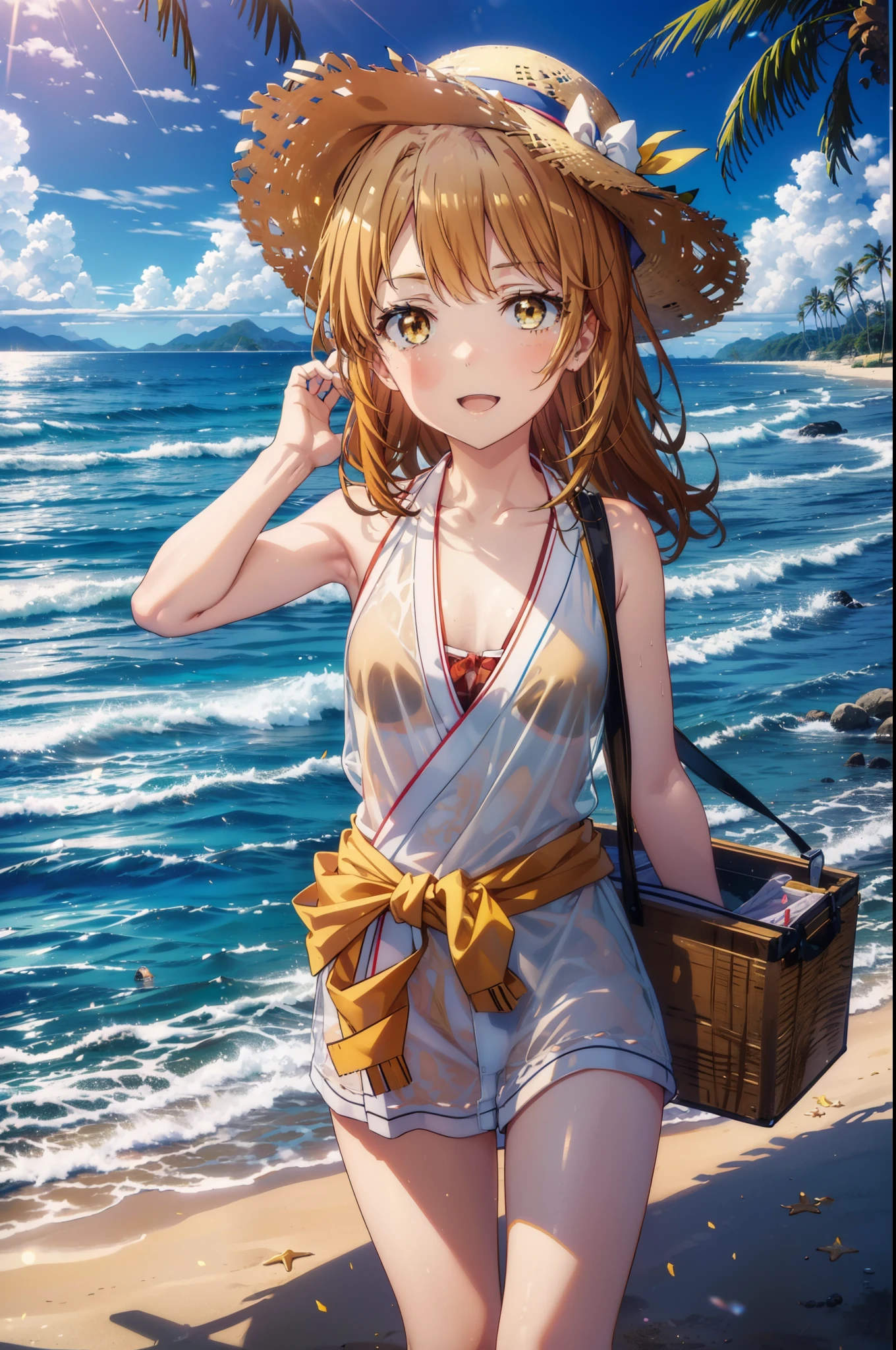 irohaisshiki, iroha isshiki, long hair, brown hair, (brown eyes:1.5), medium chest,happy smile, smile, open your mouth,smile,big straw hat,yellow bikini swimsuit,naked belly,A thin, long yellow blanket is wrapped around his waist., barefoot,barefoot, beach outfit,real summer,Palm tree, 砂浜
break outdoors, beach,
break looking at viewer,
break (masterpiece:1.2), highest quality, High resolution, unity 8k wallpaper, (figure:0.8), (detailed and beautiful eyes:1.6), highly detailed face, perfect lighting, Very detailed CG, (perfect hands, perfect anatomy),