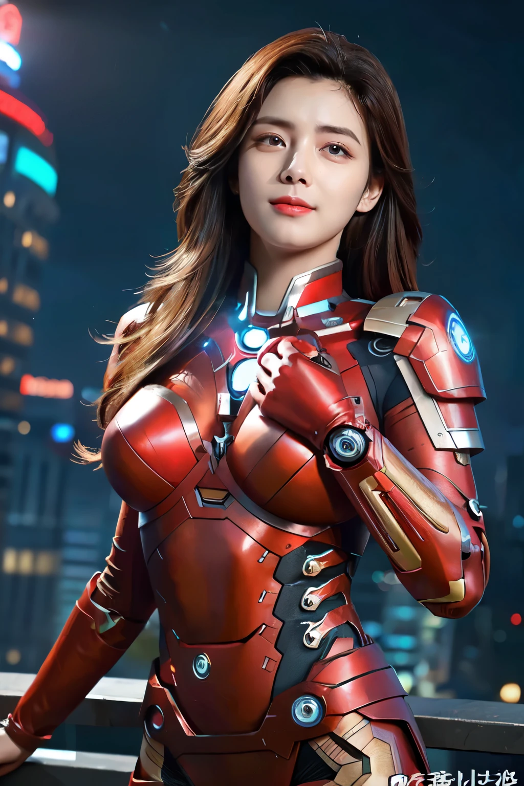 (best quality,ultra-detailed,realistic:1.37), digital illustration, ( woman wearing a ironman costume), detailed eyes and face, beautiful detailed lips, red lips, lips smile, ((smile lips)), sexy body, big breasts,long eyelashes, big breasts:1.5, ((Close-up photo)),  woman wearing a ironman costume, long hair, ((Take a photo from below the thigh)),vibrant colors, dramatic lighting, comic book style,  woman wearing a ironman costume, position:standing, seductive pose, skyscraper background, view dark sky, tall buildings