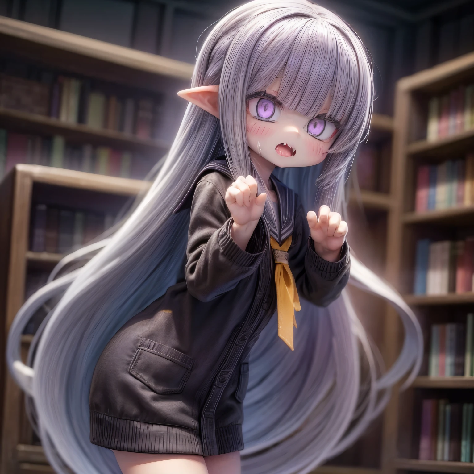 ((Masterpiece)), (Anime:1.3), ((best quality)), (RAW photo:1.2), (High Definition:1.3), (Professional Photography:1.2), (12 years old), (1girl), cute young girl, from side, BREAK, (Screaming face:1.3), open mouth, (Beautiful purple eyes:1.5), (dark skin), elf girl, wear a long cardigan, flat chest, slim body, (hair over eyes), (very long bangs:1.3), unruly hair, (medium hair), ((beautiful blond hair)), wear a long cardigan, shortpants, BREAK, ((best quality)), (kawaii Pose:1.4), in the corner of library,
