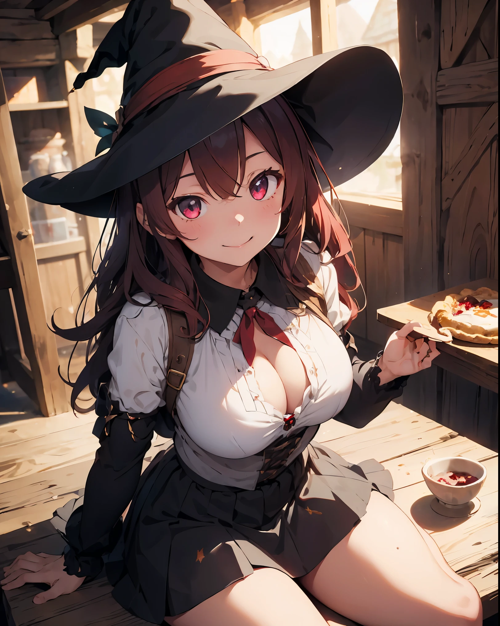 masterpiece,1 girl, sparrow, Crimson haired girl, dressed in medieval clothes, curly medium hair, messy hair, black skirt, Because I'm slender, wearing a witch's hat, medium breasts, she closed her left eye, shirt decoration, pie, fascinating look, beautiful breasts, round chest, deep red eyes, dress, mini skirt, sit in a medieval tavern, Ahoge, enchanting smile, Breast Armor