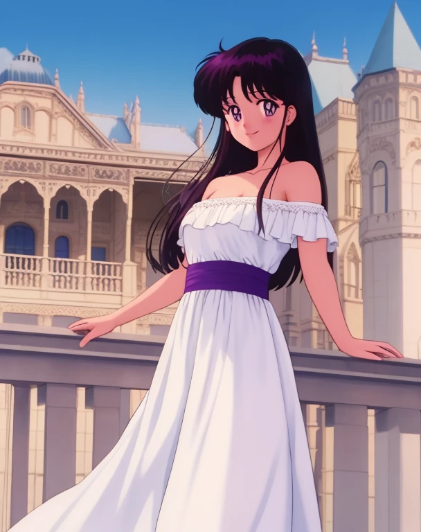 1990s \(style\), masterpiece, best quality, highres, outdoors, small breasts, 1 girl, Solo, ReiHino, Purple Eyes, Beautiful Detail Eyes, Long Black Hair, Good hands are down, Smile, Blushing, Bare Neck, Bare Shoulders, strapless, White Ruffle Off-the-Shoulder Top, White maxi dress. light smile, intricate details, sharp focus, high resolution, sunlight, walking, outside the Werribee Park Mansion, railing, cowboy shot, cinema lighting