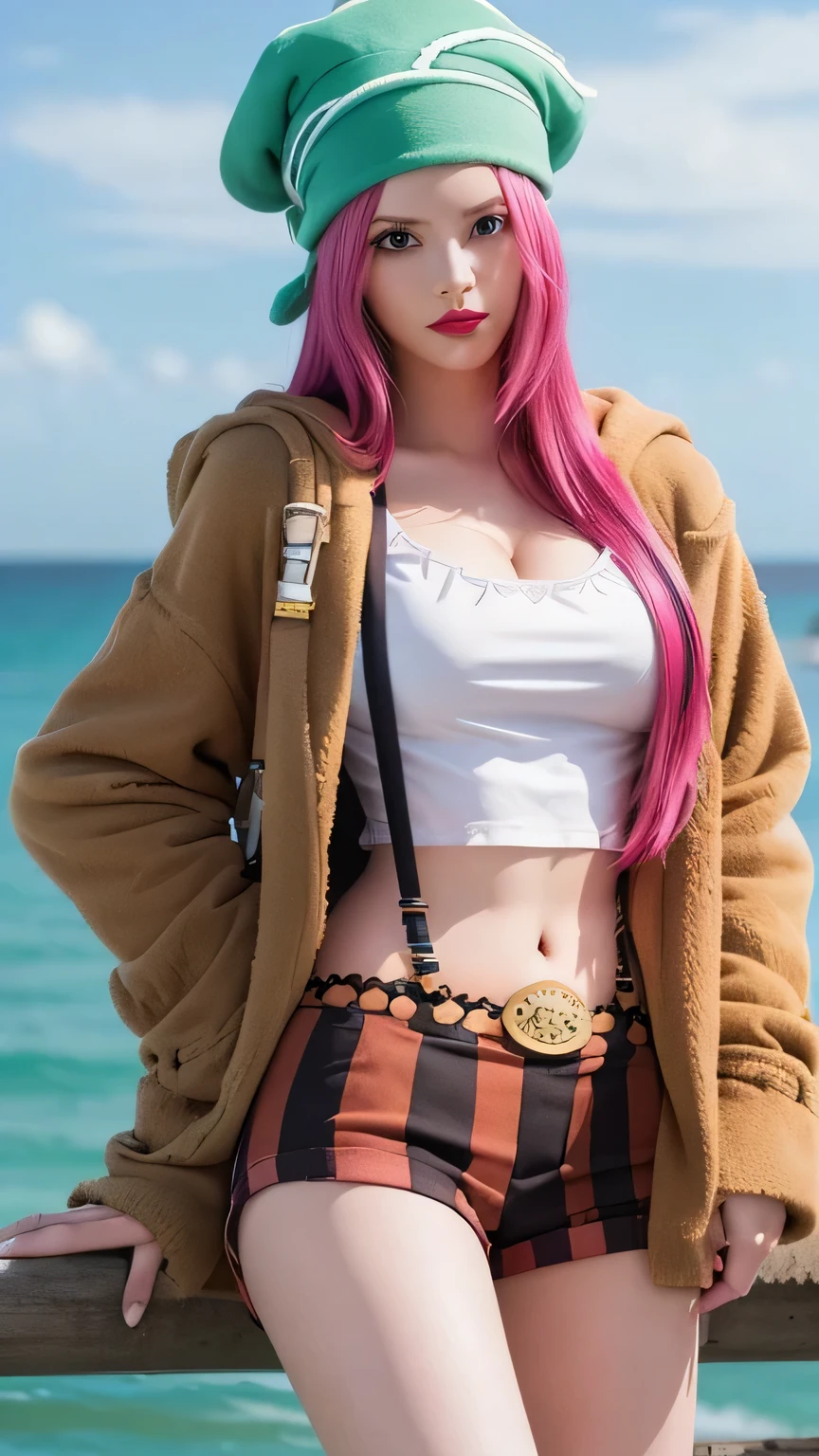 1girl, jewelry bonney in anime one piece, long hair, pink hair, green eyes, beautifull, white clothes, crop top, green pirate hat, open brown jacket, stripe black brown short pant, suspender pant, big breast, cleavage, sea background, ultra detail, realistic, red lips, sexy posing
