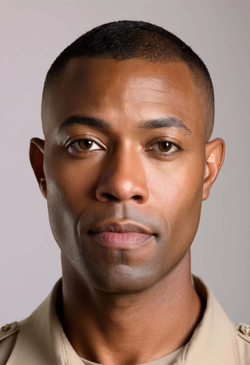 full face portrait photo, nude man, short cropped military style haircut and clean shave, 36 years old, African-American features, plain neutral background, no shadows, uniform lighting, no beard, no facial hair, no shadows, even lighting, ring light, facing camera