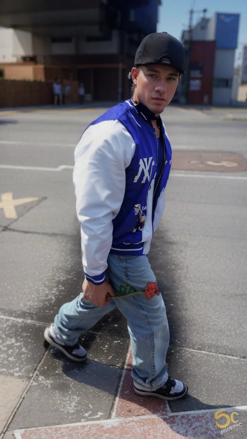 tem um homem branco jovem, walking on the sidewalk with a skateboard,  High detail iconic character, estilo hiper realista, channing tatum