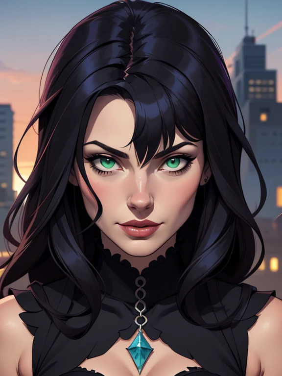  Personagem Morticia Admas Imagem de desenho animado de uma mulher .cartoon style illustration, estilo de arte dos desenhos animados, estilo de arte dos desenhos animados, digital illustration style, design de personagens altamente detalhado, arte digital detalhada fofa, City fan art, Design de personagens de retrato, beautiful digital illustration, retrato de alta qualidade, Arte em quadrinhos, mulher jovem. Green eyes Medium bust and wonderful witch outfit sensual corset costume. expression of sexual desire