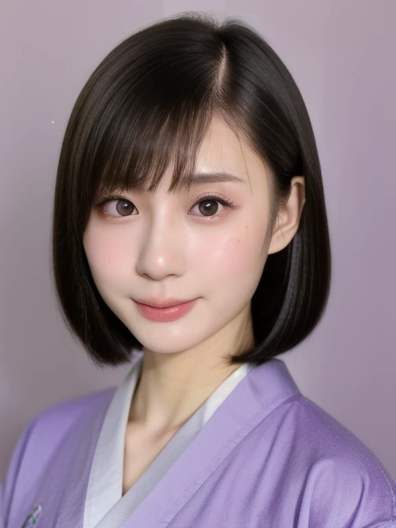 (kawaii 24 year-old Japanese girl, Nogizaka idol, Korean idol), (glossy black hair, medium bob cut:1.3), (extra rounded face, forehead, single eyelid, no makeup, soft smiling:1.2), (wearing light purple Kimono, Japanese traditional cloth, floral patterned:1.3), well shaped extra small breasts, (looking at viewer:1.2), BREAK, (simple outdoor background:1.2), (portrait, id photo, view from straight forward:1.3), BREAK, (masterpiece, best quality, photo realistic, official art:1.4), (UHD, 8K quality wallpaper, high resolution, raw photo, film grain:1.2), (shiny skin), professional lighting, physically based rendering, award winning, (perfect anatomy, highly detailed skin, extremely detailed face and eyes, well drawn clear pupils), Carl Zeiss 85 mm F/1.4, depth of field, 1girl, solo,