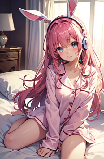 A super cute image captures a girl sitting on her bed, wearing plush pajamas. Her eyes sparkle with joy as she wears a large pink headset shaped like rabbit ears. Every detail is portrayed with realism, from the soft textures of the pajamas to the delicate details of the headset. The scene is like a cozy dream