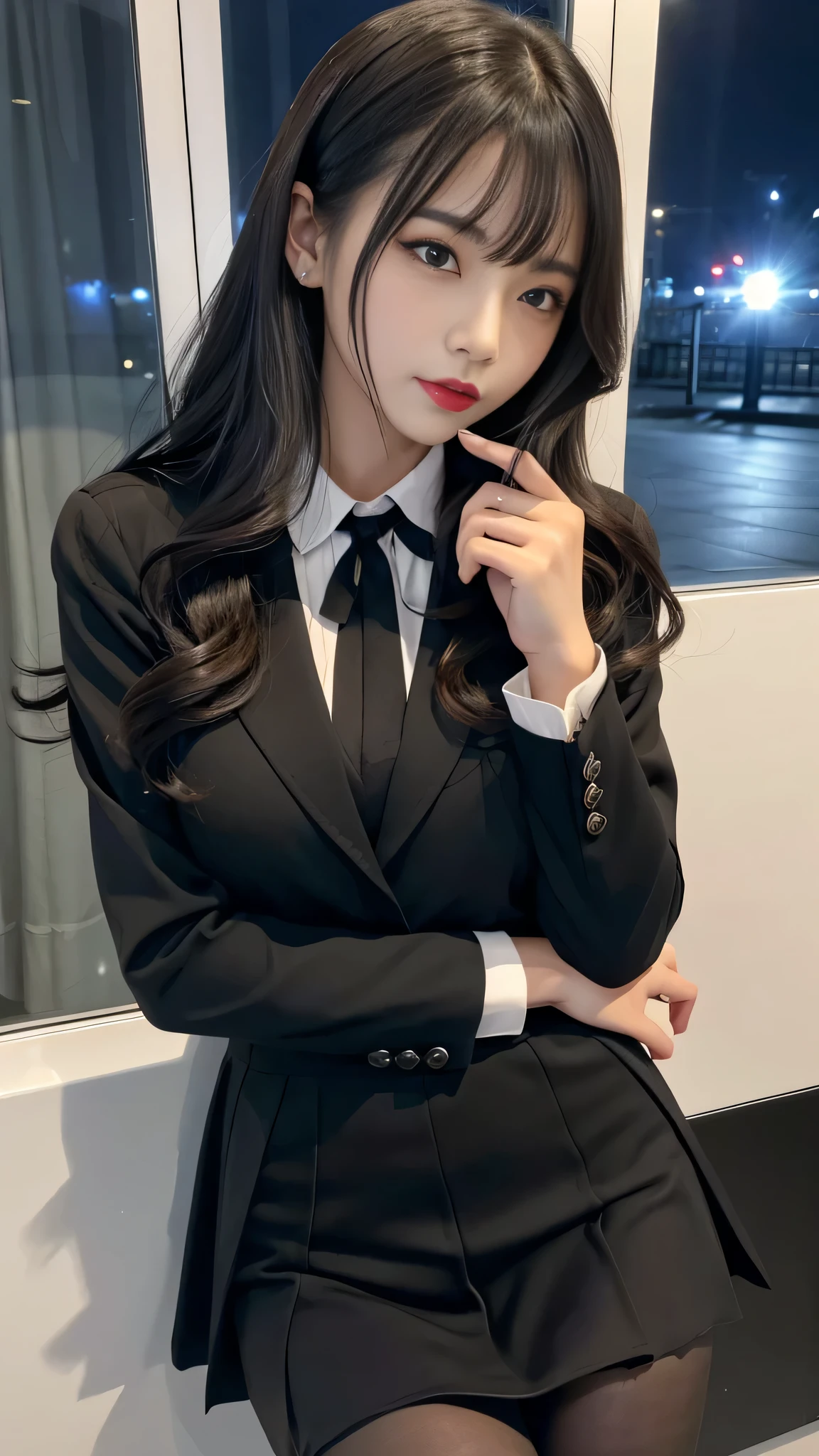 tra-detailed、2girls、Japanese、attractive beauty、seductive adult woman、pretty woman、piercing eyes、cool girl、wavy hair、swept bangs、suit、Jacket、blouse、ribbon、Tight Skirt、pantyhose、beautiful feet、Evil cadres、evil depravity、brainwash、mind control、lipstick、lip gloss、dark makeup、smirk、whisper in your ear、Evil expression、evil、hollow eyes,half-closed eyes、empty eyes、evil、church at night、vampire、succubus、vampire、Swear allegiance、stand