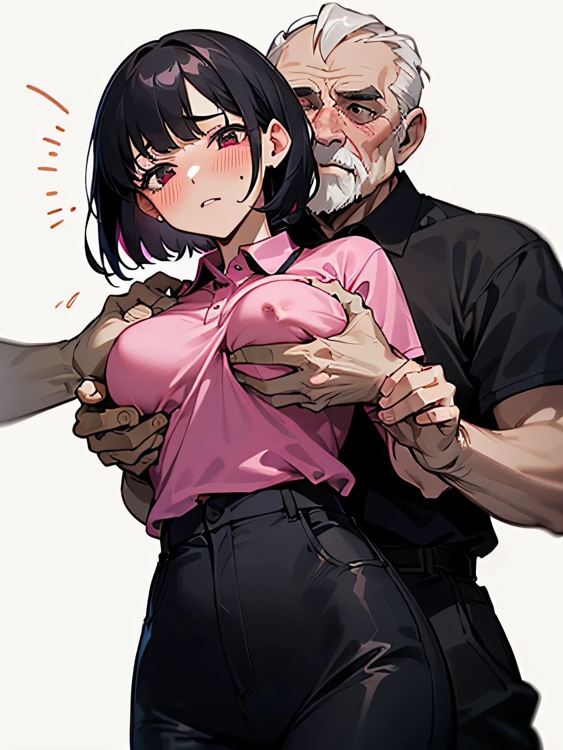 (1 old man, grab someone else&#39;s chest, groping, hetero:1.2), highest quality, High resolution, 1 girl, focus only, (beautiful chest:1.2), it is in it, magenta polo shirt, black pants, blush, embarrassing, (from below:1.2) Short hair, black hair, sexual harassment, arms behind back, old man behind