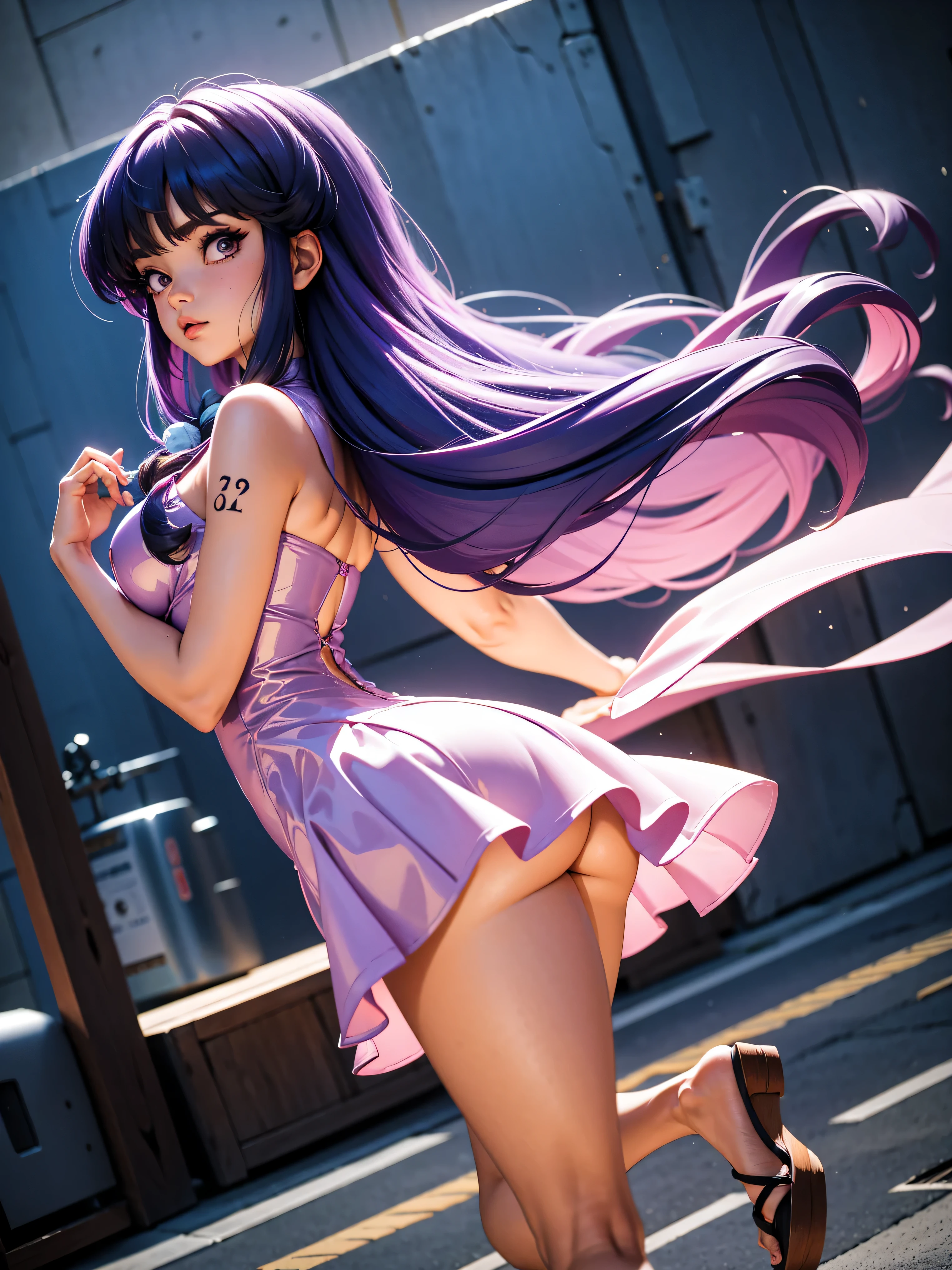 Garota anime de cabelo purple com saia vestido longo purple meio transparente e espartilho, 16 anos, corpo bonito, seios grandes, com hand in panties , hand in purple hair, Garota sexy, purple hair, mechas de cabelo laterais, mechas de cabelo na lateral do rosto, beautiful lighting, sombras suaves, olhos azuis, pernas bonitas, cabelo longo roxo, estilo anime, personagem Shampoo Chan, Autora Rumiko Takahashi, Baseado em obra de Rumiko Takahashi, Anime Ranma 1/ 2, decote sexy, quadril robusto, corpo inteiro, corpo inteiro, busto grande, garota jovem com corpo belo e bonito, sandals on his feet, garota 16 anos jovem, usando saia e corset pink e purple meio transparente, garota anime, estilo anime, beautiful feet in sandals, front view angle, ao ar livre, peito grande, seios bonitos, cabelo purple, sandals on the feet, pernas bonitas, sexy, belas pernas, Sandalias, seios grandes, corpo completo, corpo inteiro, feet with sandals, anime realista, saia, sarja roxa, personagem realista sexy, straight standing posture, ao ar livre, calcinha pink, hand in panties, saia vestido com 50% de opacidade meio translucida, corpo ereto, lindas sandalias