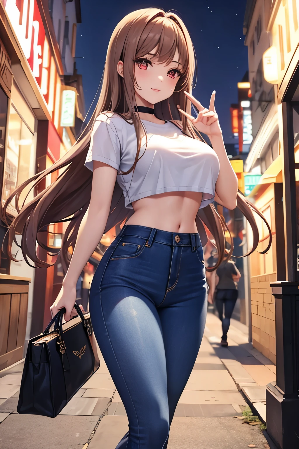 Game , goddess of victory nikke, Rapi , light brown hair,  alluring eyes ,beautiful face , crystal red eyes ,  long hair , women short sleeve cropped top , blue colour shirt, jeans trousers, leggings, ,selfie wind, 1 hand bag, cheerful eyes, ,g cup breast, slender waist, bewitching thighs, five fingers each hand, two hand ,two leg , in town, date, standing, beautiful, high heels, night ,light district 