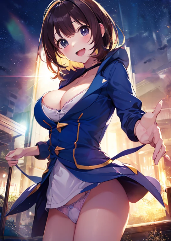 Yuuri(pokemon), (highest quality, 8K, masterpiece, Super detailed:1.2), (Lens flare, particles of light, shine), big breasts, smile, open your mouth, masterpiece, highest quality, Super detailed, High resolution, Very detailed CG, official art, sexy,panty shot