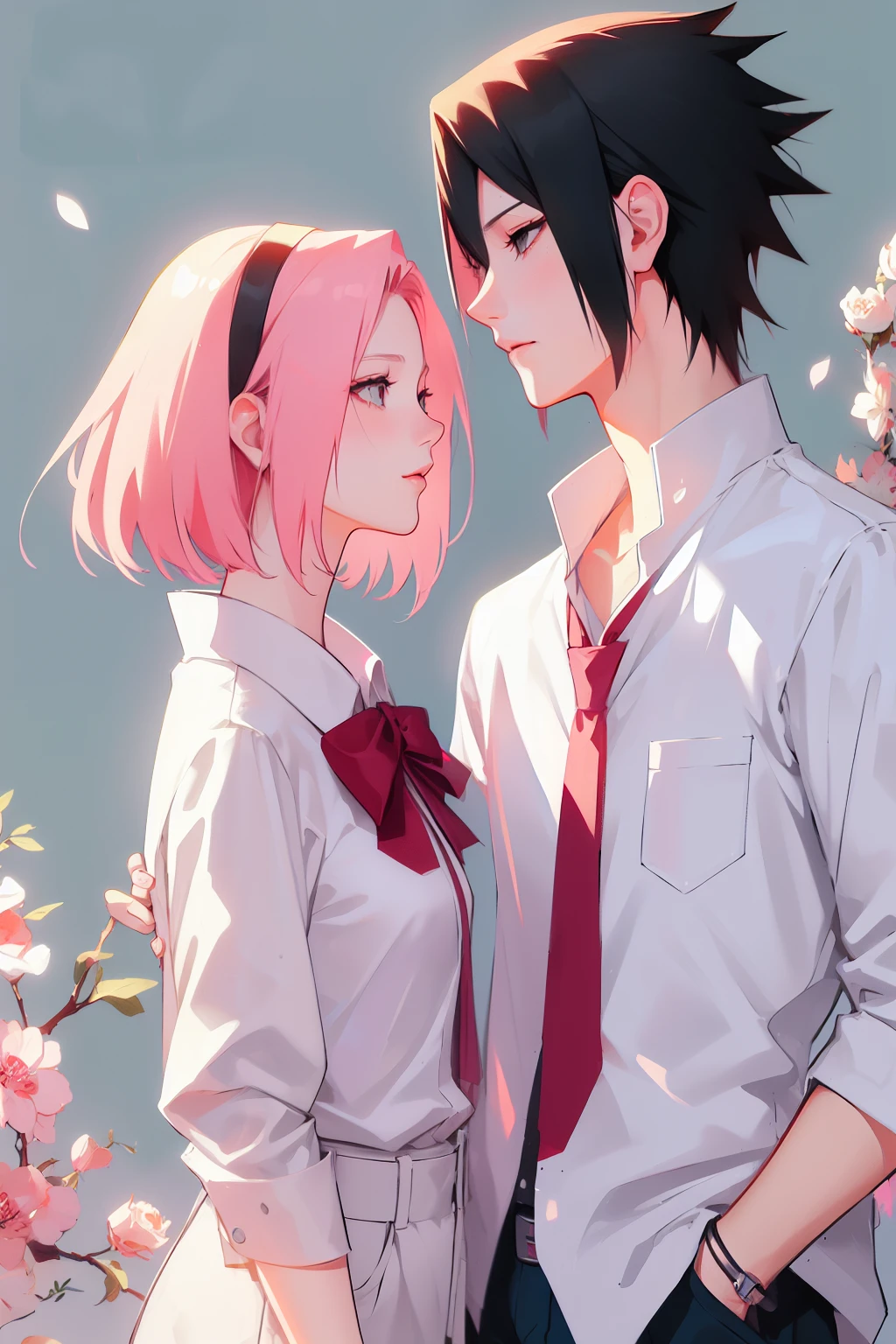 sasusaku. Sasuke Uchiha, a tall man with black hair, wearing a white blouse and jeans, is a high school student, with his hands in his pockets. Sakura, a thin woman with pink hair, she is after Sasuke, she is a rebel. best quality, adorable, ultra-detailed, illustration, complex, detailed, extremely detailed, detailed face, soft light, soft focus, perfect face. In love, illustration. two people, couple