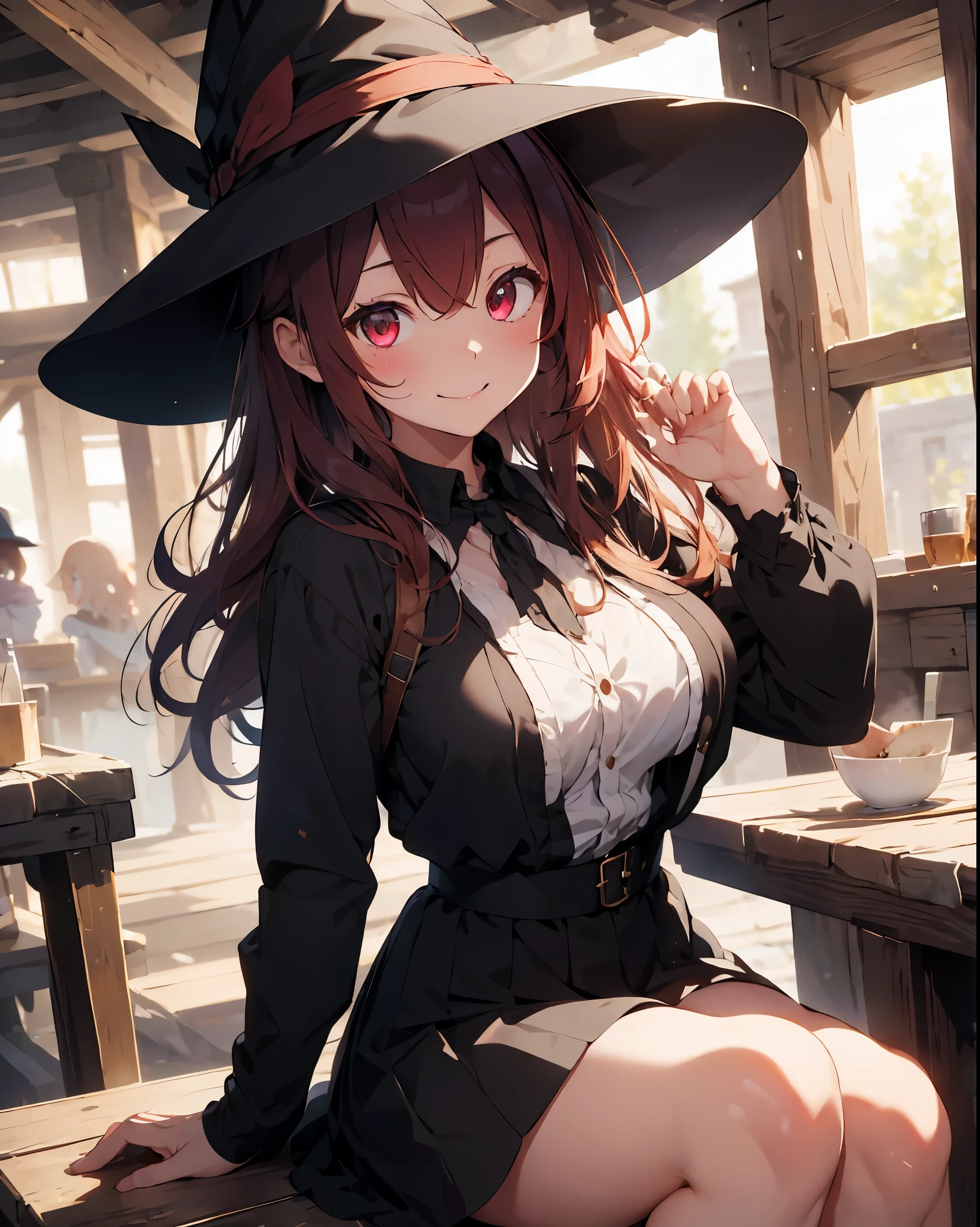 masterpiece,1 girl, sparrow, Crimson haired girl, dressed in medieval clothes, curly medium hair, messy hair, black skirt, Because I'm slender, wearing a witch's hat, medium breasts, she closed her left eye, shirt decoration, pie, fascinating look, beautiful breasts, round chest, deep red eyes, dress, mini skirt, sit in a medieval tavern, Ahoge, enchanting smile, Breast Armor
