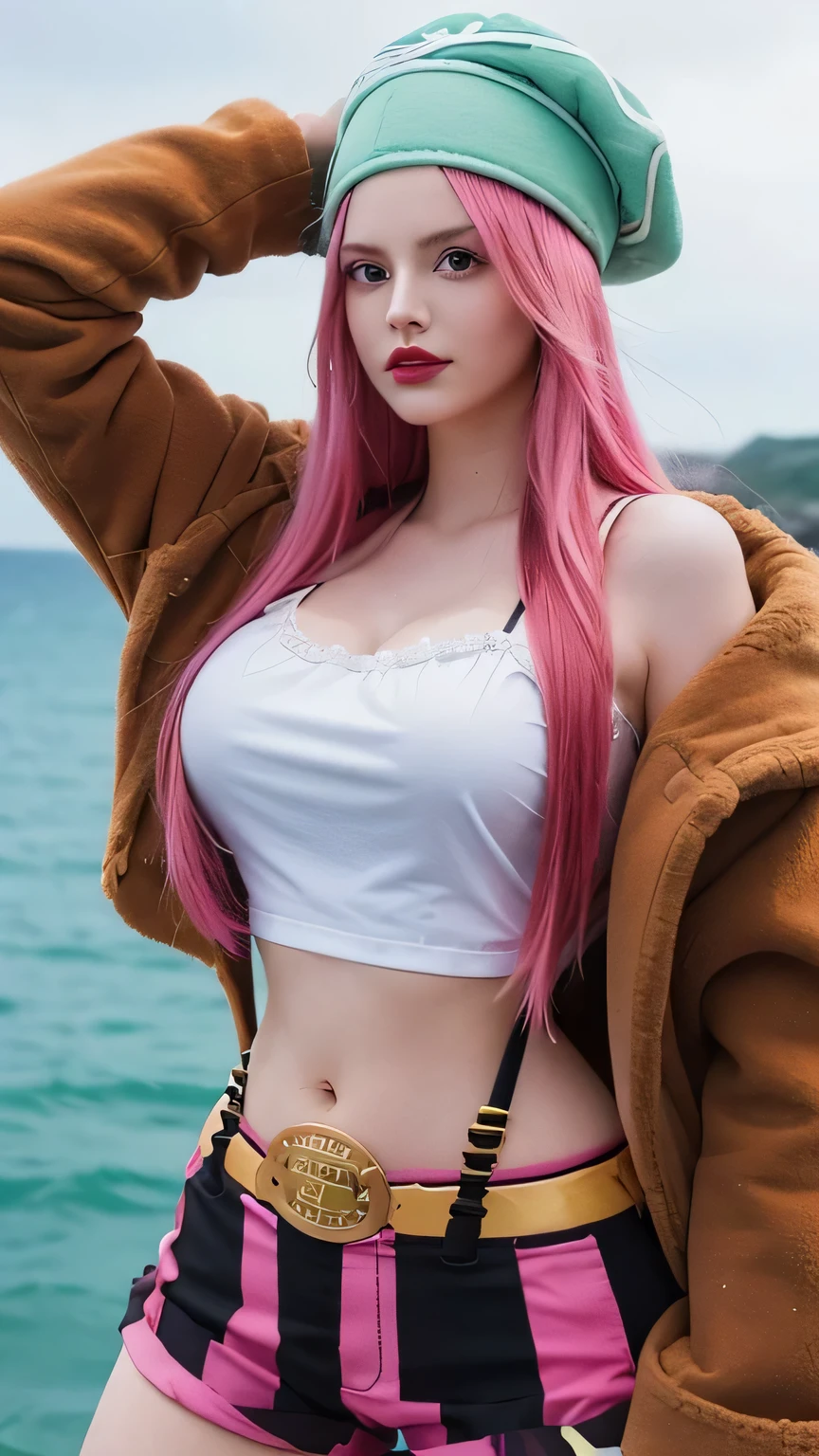 1girl, jewelry bonney in anime one piece, long hair, pink hair, green eyes, beautifull, white clothes, crop top, green pirate hat, open brown jacket, stripe black brown short pant, suspender pant, big breast, cleavage, sea background, ultra detail, realistic, red lips, sexy posing, arms up
