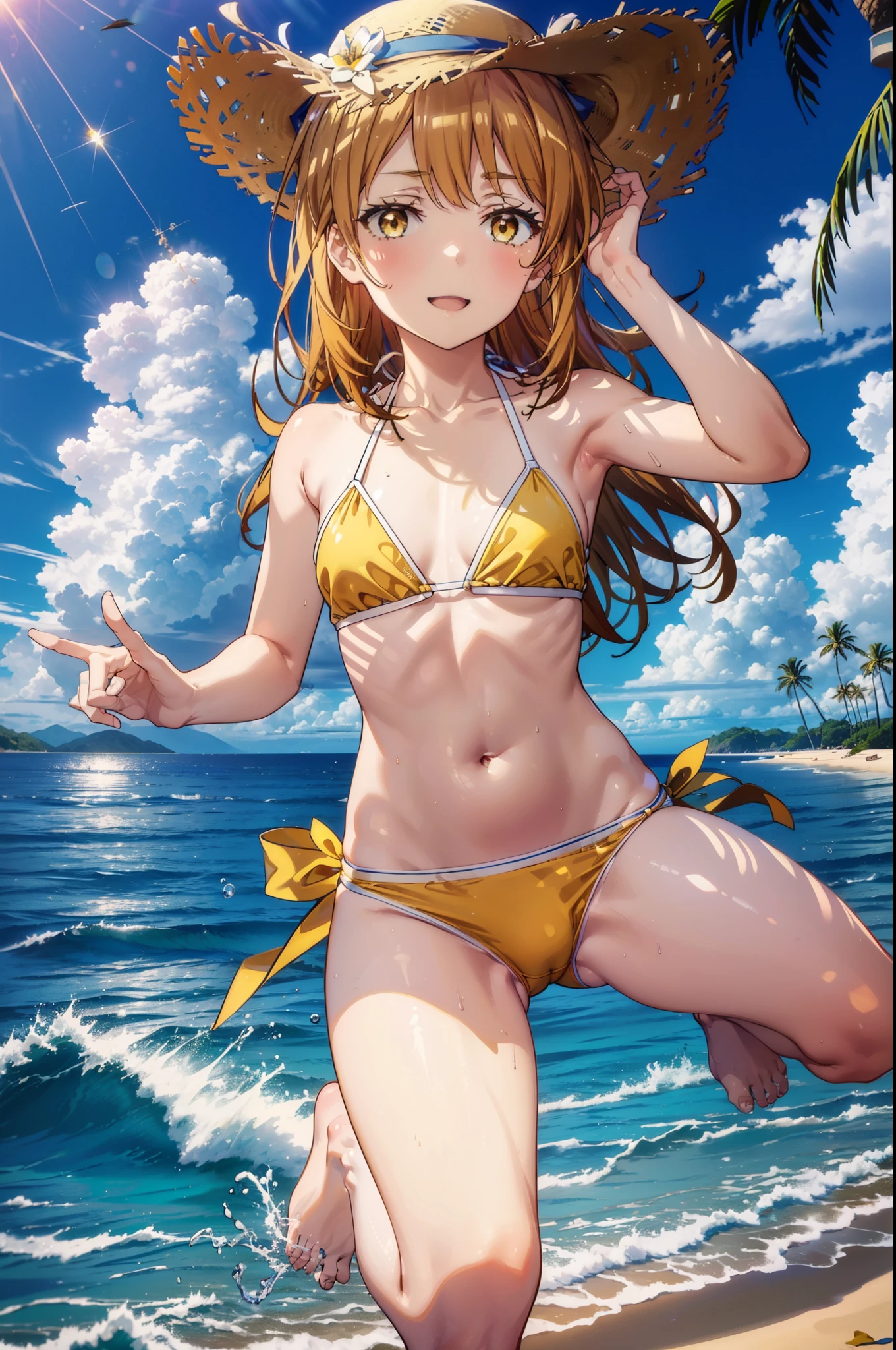 irohaisshiki, iroha isshiki, long hair, brown hair, (brown eyes:1.5), medium chest,happy smile, smile, open your mouth,smile,big straw hat,yellow bikini swimsuit,naked belly,A thin, long yellow blanket is wrapped around his waist., barefoot,barefoot, beach outfit,real summer,Palm tree, 砂浜
break outdoors, beach,
break looking at viewer,
break (masterpiece:1.2), highest quality, High resolution, unity 8k wallpaper, (figure:0.8), (detailed and beautiful eyes:1.6), highly detailed face, perfect lighting, Very detailed CG, (perfect hands, perfect anatomy),