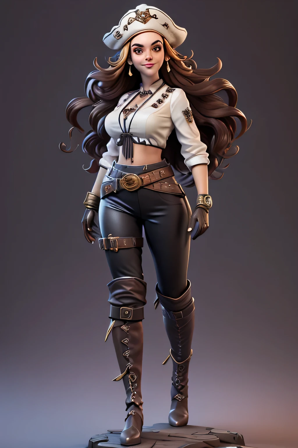 8k high definition image, 1girl, adult woman, looking at viewer, (smiling:0.6), full body, long dark brown wavy hair, (hair down to waist) (hair blowing in the wind) brown eyes open, perfect female body, narrow waist, large breasts, fair skin, character design, woman standing on pirate ship, (wearing) lace-up blouse (white blouse), black leather pants, brown leather gloves, brown leather belt, large silver belt buckle, gold bracelets, black knee-high leather pirate boots