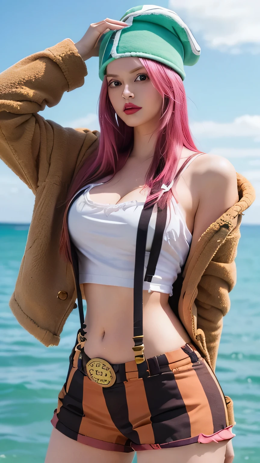 1girl, jewelry bonney in anime one piece, long hair, pink hair, green eyes, beautifull, white clothes, crop top, green pirate hat, open brown jacket, stripe black brown short pant, suspender pant, big breast, cleavage, sea background, ultra detail, realistic, red lips, sexy posing, arms up
