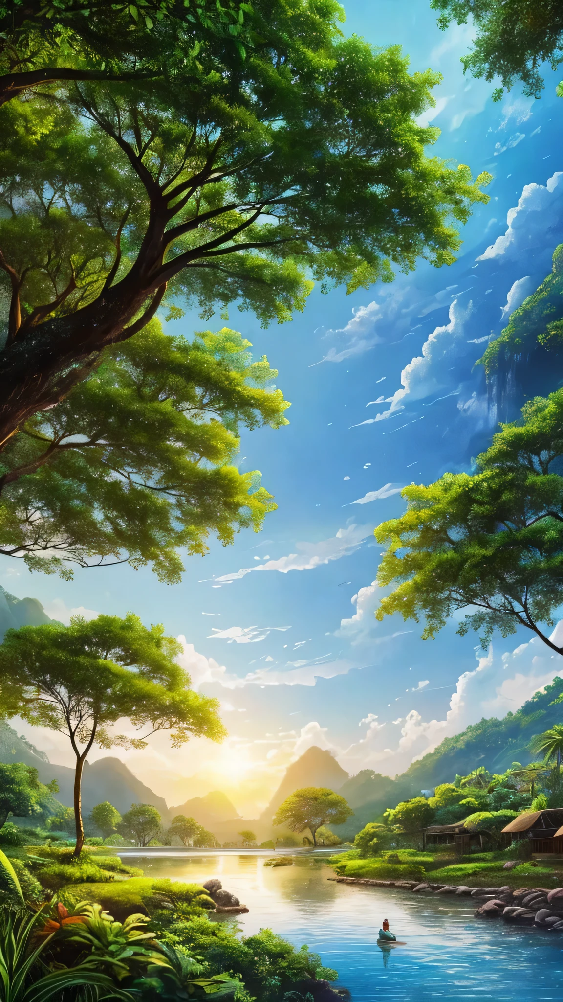 Illustration of a hyperrealistic , otherworldly, ultrasky morning scene featuring a Malaysia typical village , vegetation and river around, solarpunk ,landscape, giant tree, beatifull leafy with beautiful lighting and realistic proportions, as if it were a cinematic background, 8k, highest quality, masterpiece, clouds and stars in the sky.
