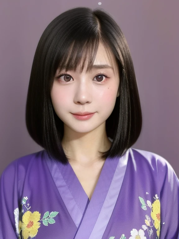 (kawaii 24 year-old Japanese girl, Nogizaka idol, Korean idol), (glossy black hair, medium bob cut:1.3), (extra rounded face, forehead, single eyelid, no makeup, soft smiling:1.2), (wearing light purple Kimono, Japanese traditional cloth, floral patterned:1.3), well shaped extra small breasts, (looking at viewer:1.2), BREAK, (simple outdoor background:1.2), (portrait, id photo, view from straight forward:1.3), BREAK, (masterpiece, best quality, photo realistic, official art:1.4), (UHD, 8K quality wallpaper, high resolution, raw photo, film grain:1.2), (shiny skin), professional lighting, physically based rendering, award winning, (perfect anatomy, highly detailed skin, extremely detailed face and eyes, well drawn glittering pupils), Carl Zeiss 85 mm F/1.4, depth of field, 1girl, solo,