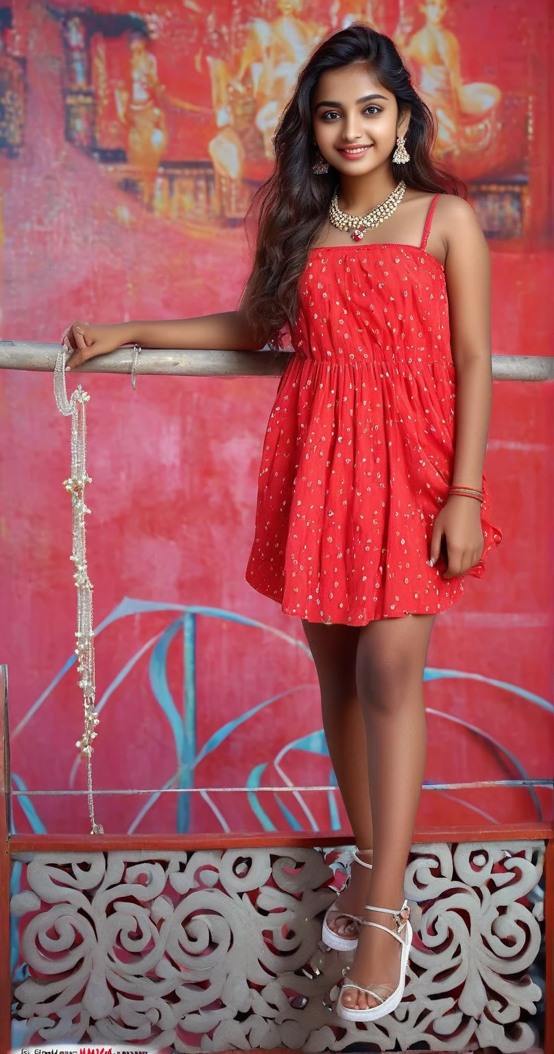 A beautiful indian fair girl 16 years old , perfect body, perfect breasts , big earrings , necklace, big beautiful eyes , detailed hyper realistic face smiling with (charismatic face) most beautiful indian girl , vibrant colourful background, magnificent beauty, 8k 4k real image real girl Full face portrait photo of a 16 year-old indian girl, RAW, beautiful woman, semi-open strawberry lips, dimples, wistful look, (extra long wavy brown hair), ((detailed face)), ((detailed facial features)), (finely detailed skin), pale skin, (deep neckline detailed dress), (cool colors), (masterpiece) (perfect proportion)(realistic photo)(best quality) (detailed) shot on a Canon EOS R5, 50mm lens, F/2.8, HDR, (8k) (wallpaper) (cinematic lighting) (dramatic lighting) (sharp focus) (intricate),RAW photo, posing for camera, 8k uhd, dslr, high quality, grain film, Fujifilm XT3