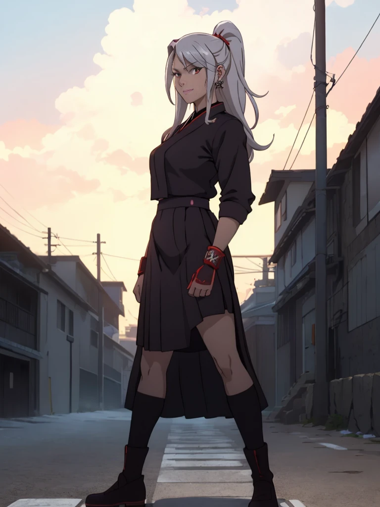 cartoon, sukeban illyasviel_von_einzbern, mature_female, silver hair, holding yoyo, combat pose, full body, flowing hair, hair between the eyes, asymmetrical hair, red eyes, delicate facial features, sukeban deka clothe, looking_at_viewer, outdoors, background tokyo, ((solo girl:1,5))+++++,woman in a 80's sukeban seifuku standing on a set of strees, black , 80's japanese sukeban photo, sukeban seifuku, 80's japan, sukeban, long black skirt, red converse, full body, light skin tone female, full body, tape, arm_support, gloves, red_gloves, bridal gauntlets, blackred_footwear, fighter outfit, full body, hourglass, mature face, cheeky smile, cheeky face, wrinkles,( silver long hair, earrings, ear piercings), (fighting art, Martial arts, standing, fighting_stance, fight, fighting), extra colors, 2D, megapixel, perfectionism, accent lighting, full HD , 4K, masterpiece, empty red eyes, extra colors, 2D, megapixel, perfectionism, accent lighting, full HD , (Masterpiece:1.2), (full-body-shot:1),(cowboy shot:1.2), (Highly detailed:1.2),(anime Detailed Face:1.2), Colorful, A detailed eye, (Detailed landscape:1.2), (natural lighting:1.2), ((sukeban school teacher)) by Vincent Di Fate: Aidyllery, Anamorphic Shot, rule of thirds, face by Artgerm and WLOP, ((street of rage 4 city backround)), fictive city backround in the style art of street of rage 4,